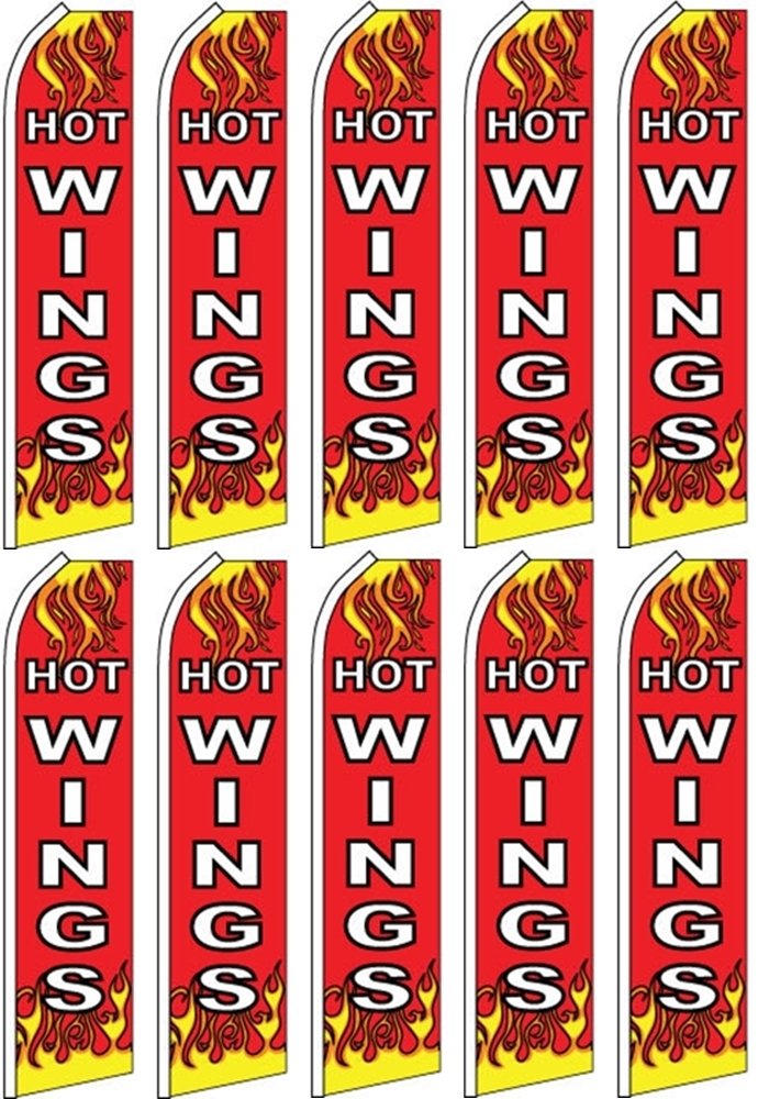 10 Pack Swooper Flutter Flags - Red, White & Yellow Hot Wings Design for Outdoor Parties, Sports Events & Car Decorations
