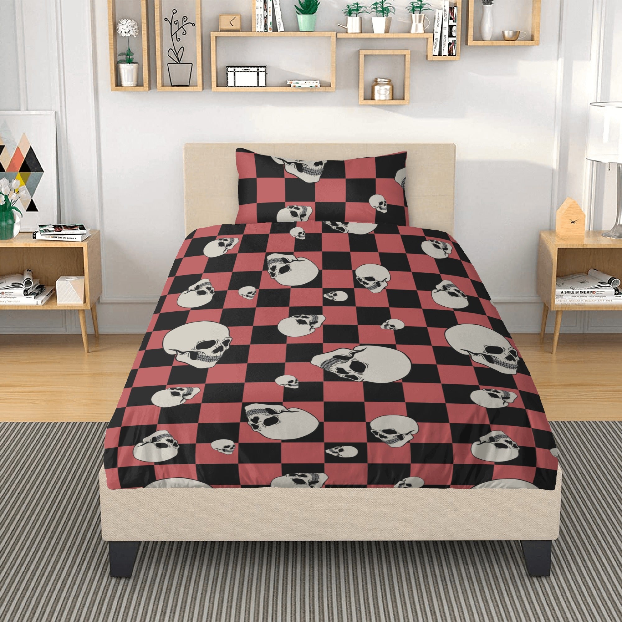 Checkers and Skull Head 3-Piece Bedding Set - Soft Comforter, Pillow Shams & Fitted Sheet - Gothic Punk Home Decor for Teens & Adults - Perfect for Dorm Rooms, Bedrooms & Game Nights