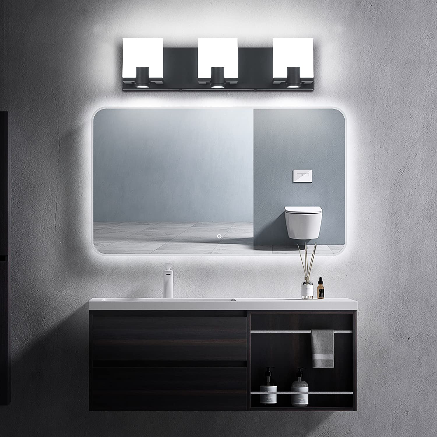 SOLFART Modern Black LED Dimmable Vanity Lights - 3 Spotlights Bathroom Mirror Lighting Fixture for Bathroom, Bedroom, and Makeup Area