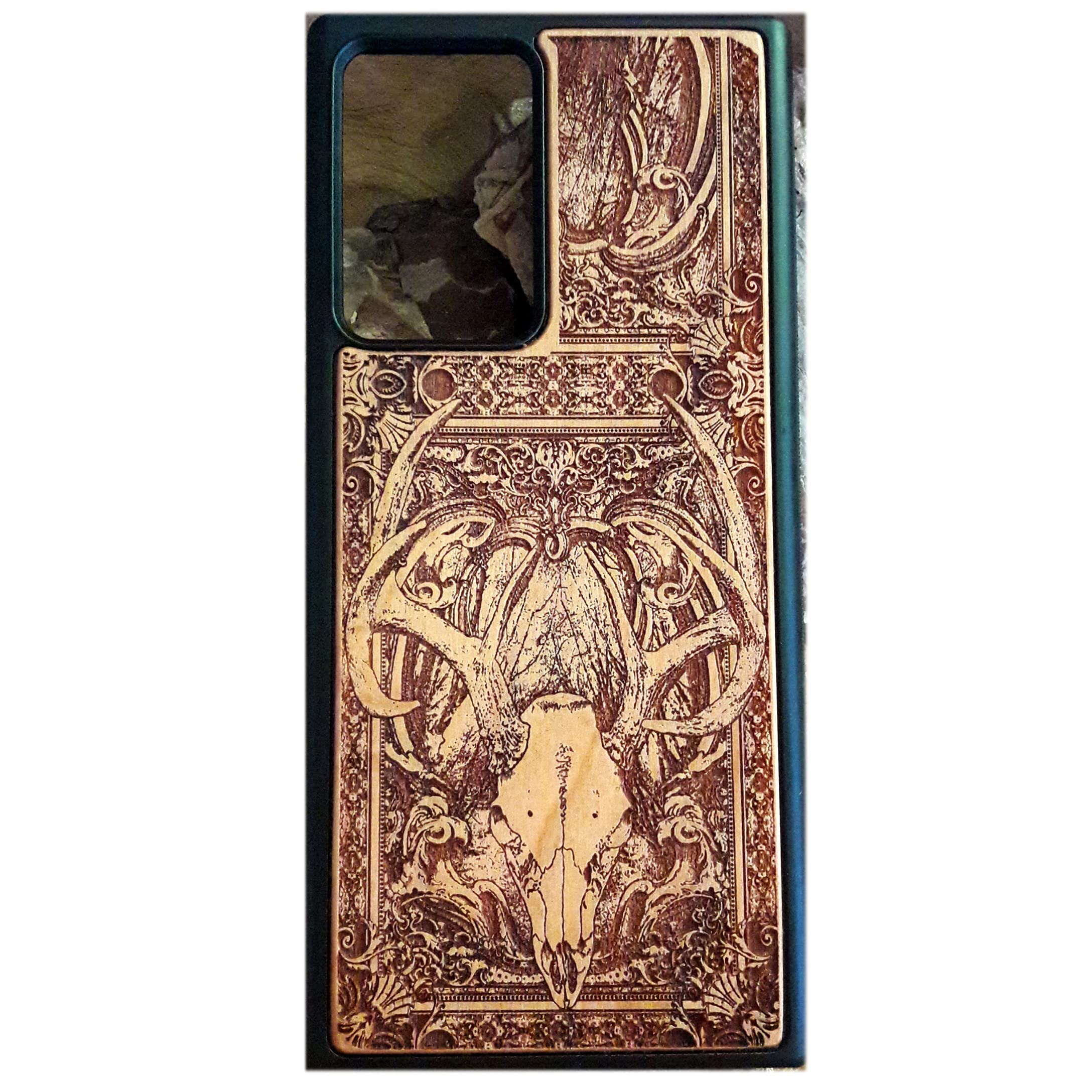 Laser Engraved Deer Skull Wooden Phone Case for iPhone 16/15/14/13/12/11 Pro Max/Mini & Galaxy S25/S24/S23/S22/S21/S20 Ultra Plus - Eco-Friendly Slim Durable Wood Cover - Perfect for Outdoor Adventures, Nature Lovers & Unique Gift Ideas
