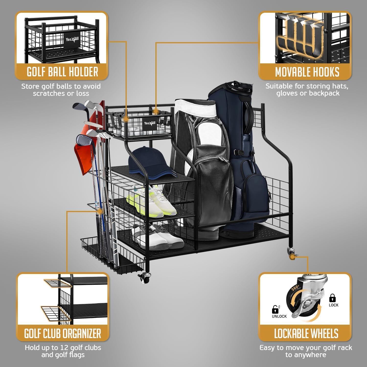 Yes4All Golf Storage Garage Organizer - Golf Bag Stand & Equipment Rack for Clubs | Heavy Duty Black Golf Gear Organizer | Perfect for Home, Garage & Club Storage