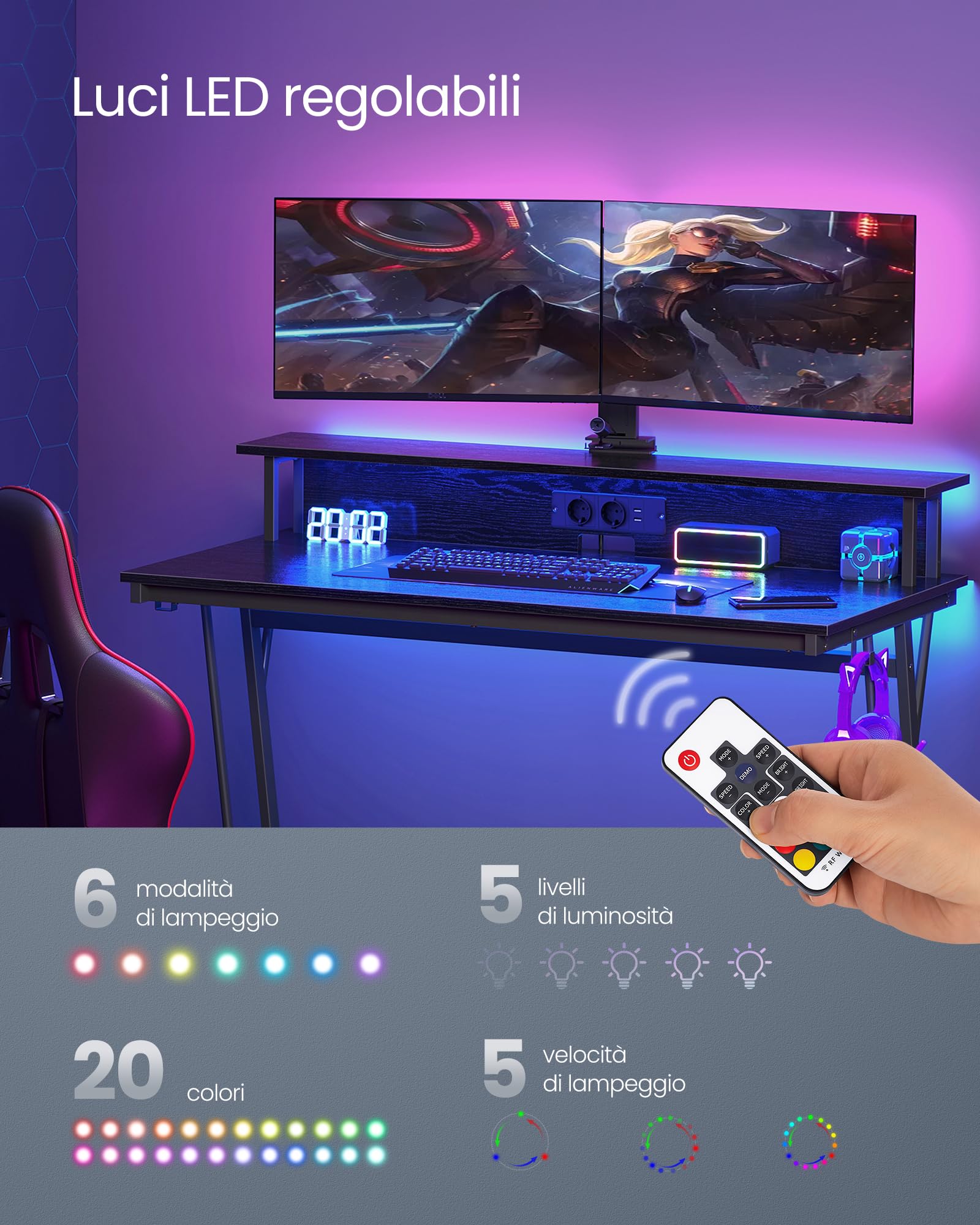 VASAGLE Gaming Desk with LED Lights and Power Outlets, Computer Desk with Monitor Stand, Dual Monitor Workstation for Office and Bedroom, 60 x 120 x 76 cm, Ebony Black LWD192B56 - Perfect for Gaming Setup and Home Office Workspace