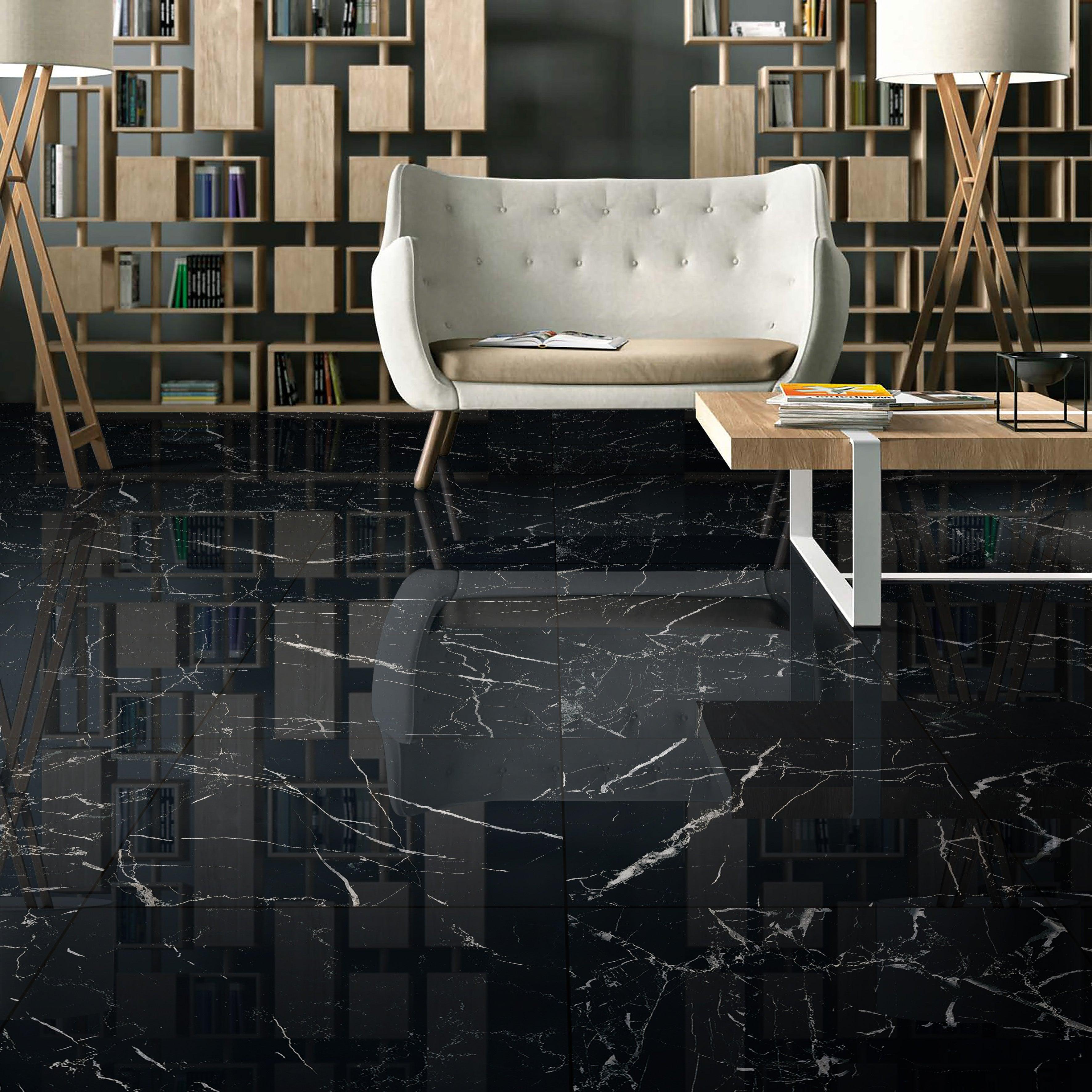 Premium Marble Look Porcelain Tile 24x24 Inch - Nero Marquina Black Polished Finish for Flooring & Wall - Perfect for Bathroom, Kitchen & Living Room Décor