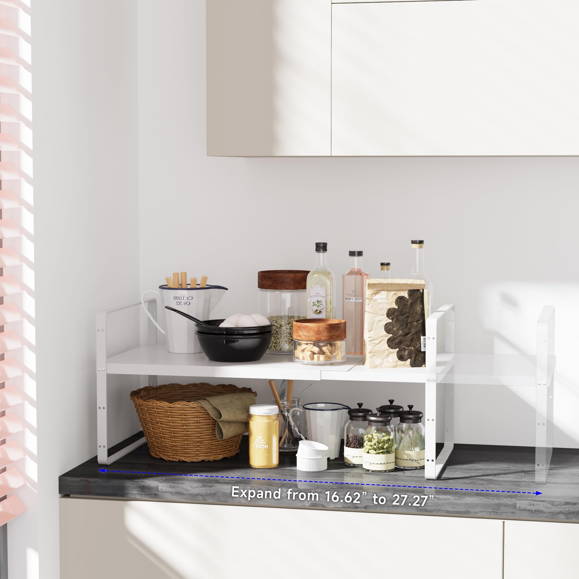 Expandable Cabinet Shelf Organizer - Stackable Kitchen Pantry Storage Rack - Adjustable Closet & Cupboard Organizer - Heavy Duty 80LBS Capacity - White Spice & Counter Organization (1 Pack) - Perfect for Small Spaces & Pantry Organization