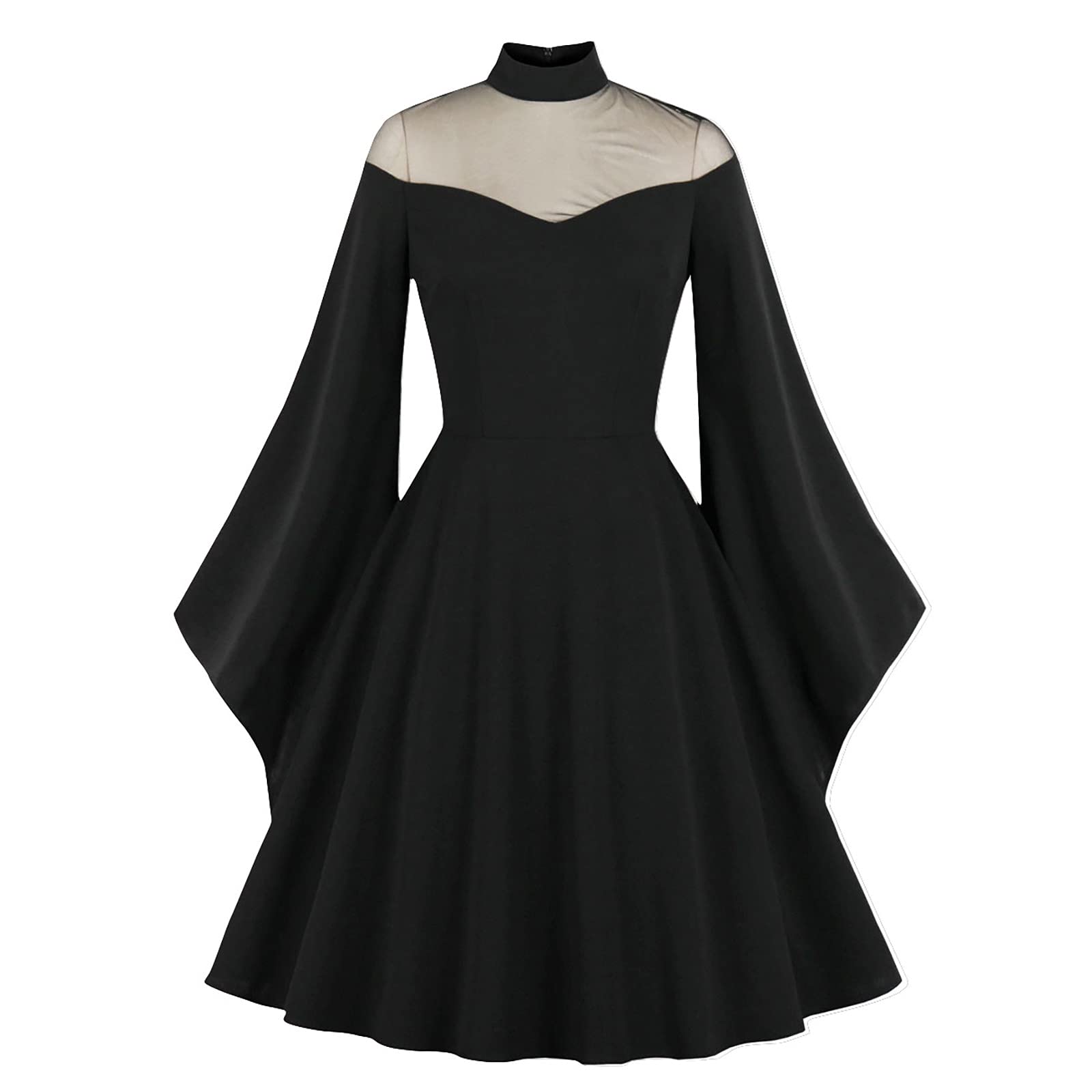 BFAFEN Medieval Dress for Women - Renaissance High Neck Mesh Midi Dress with Flare Sleeves | Elegant Formal Gown for Cosplay, Renaissance Fairs & Historical Reenactments