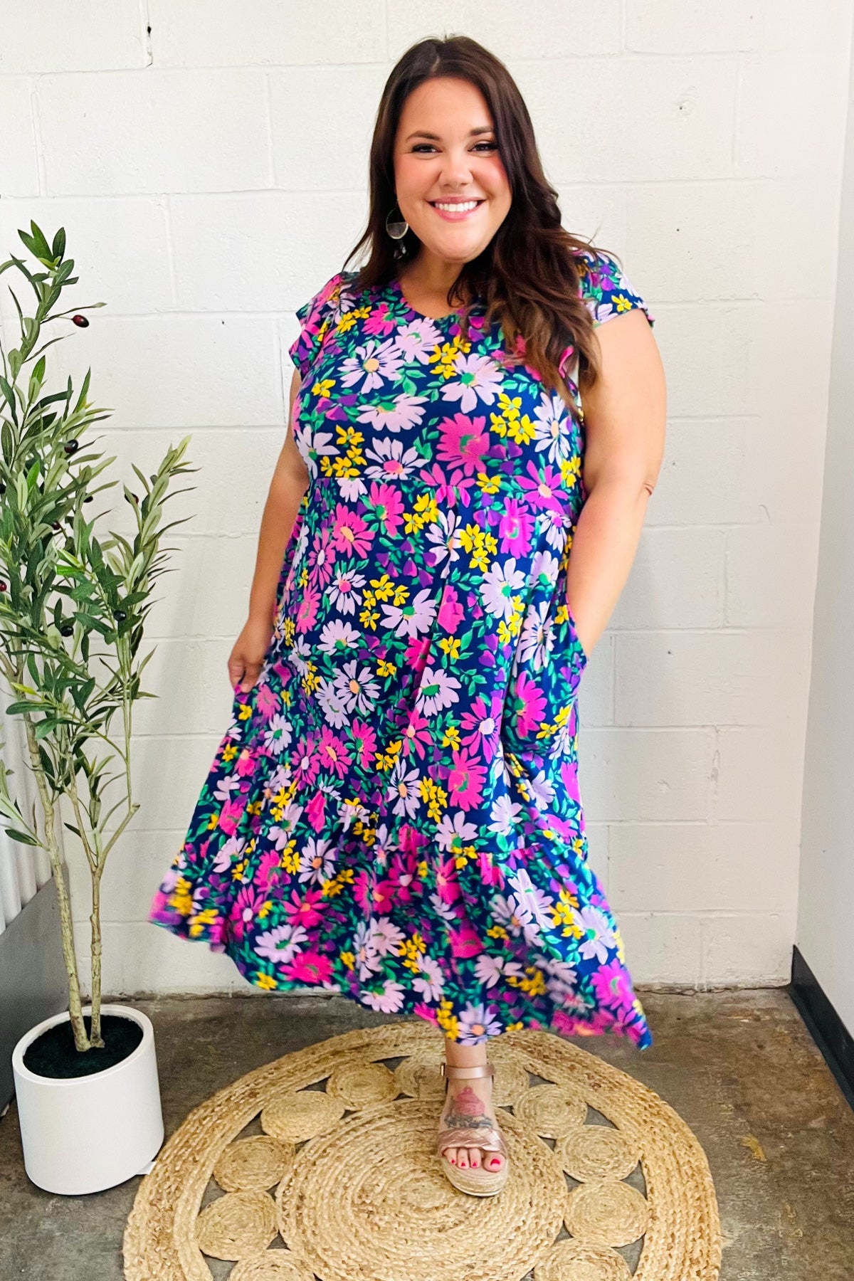Diva Dreams Navy & Lilac Floral Fit & Flare Midi Dress for Women - Elegant Summer Party & Wedding Guest Outfit