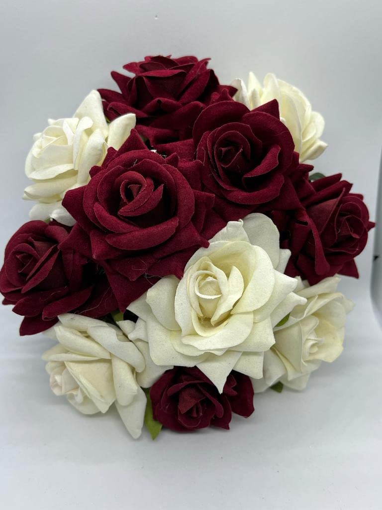 FLUSHIA Artificial Maroon Rose Flower Bun Hair Juda Maker - Gajra Hair Accessories for Women (Maroon & White) - Perfect for Weddings, Parties & Traditional Indian Hairstyles