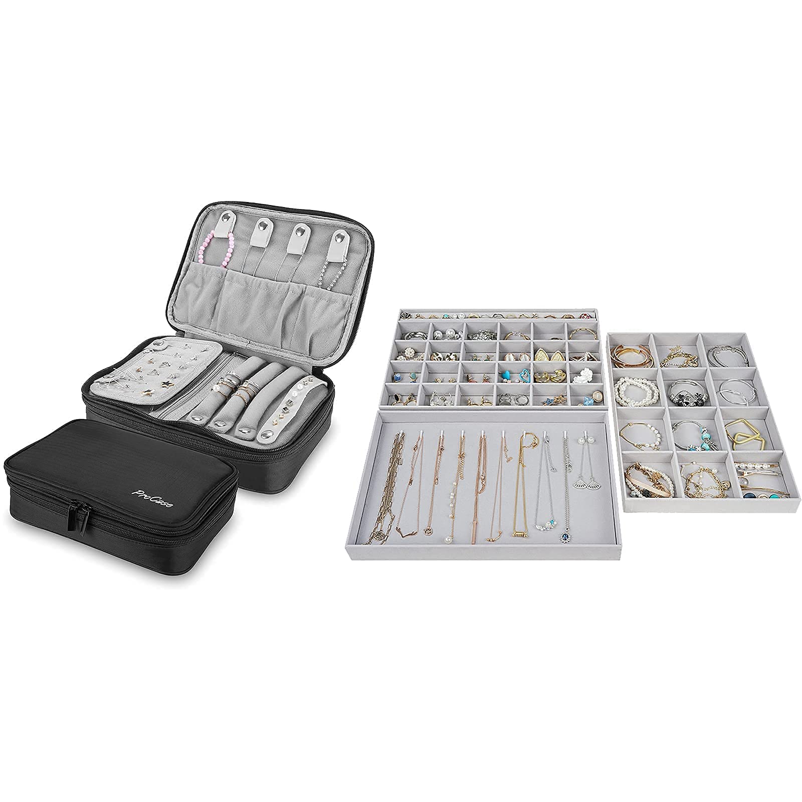 ProCase Travel Jewelry Organizer Case with 3 Stackable Trays - Jewelry Storage Box for Necklaces, Rings & Earrings - Perfect for Travel, Dresser Drawer & Vanity Organization