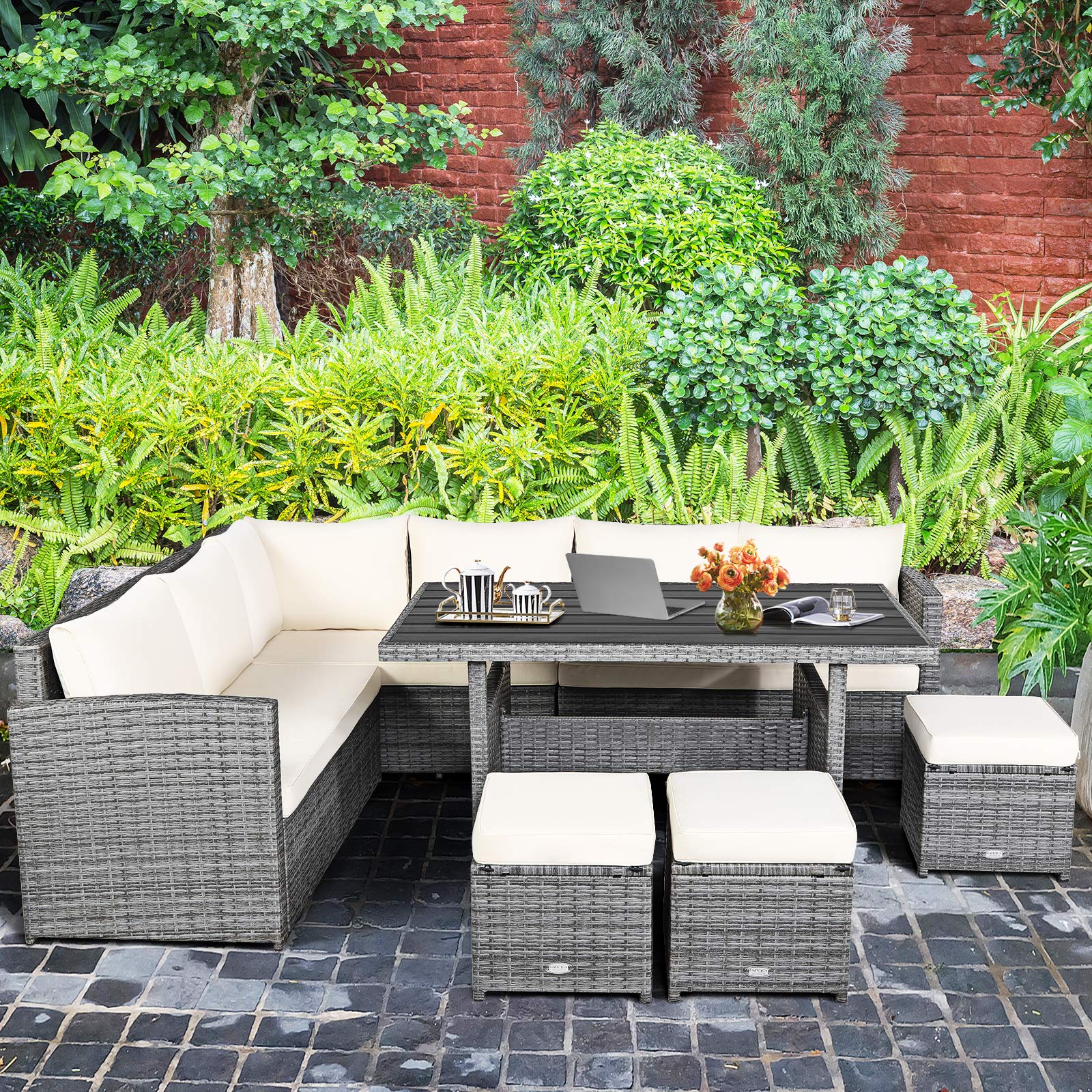 HAPPYGRILL 7-Piece Rattan Patio Furniture Set with Cushions - PE Wicker Outdoor Sofa, Dining Table & Ottomans for Backyard, Poolside, Balcony, Garden - Perfect for Relaxing, Entertaining & Outdoor Dining