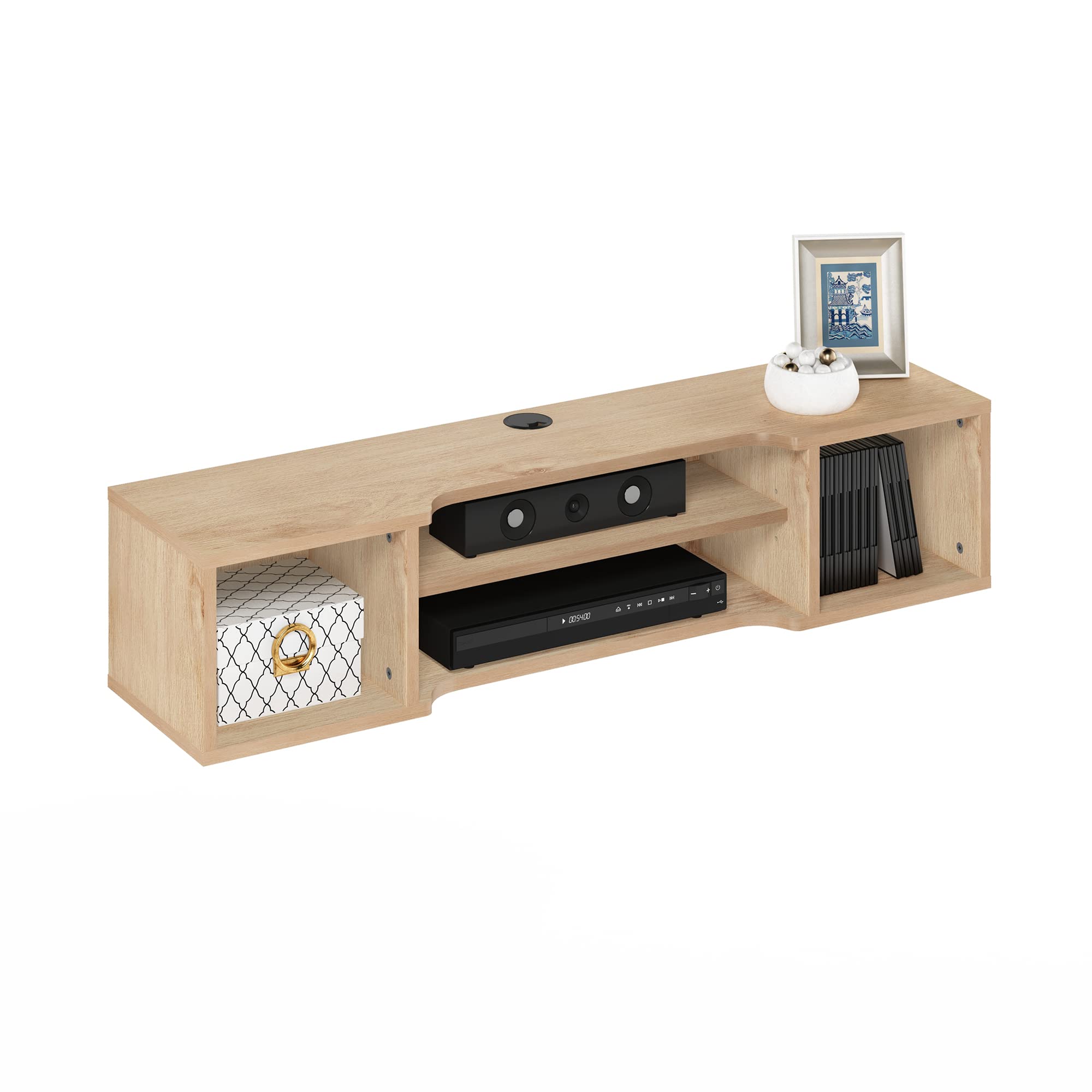 Furinno Indo Floating Storage Hutch Media Console - Marcy Oak Finish - Wall Mounted TV Stand with Shelves for Living Room, Bedroom & Home Office