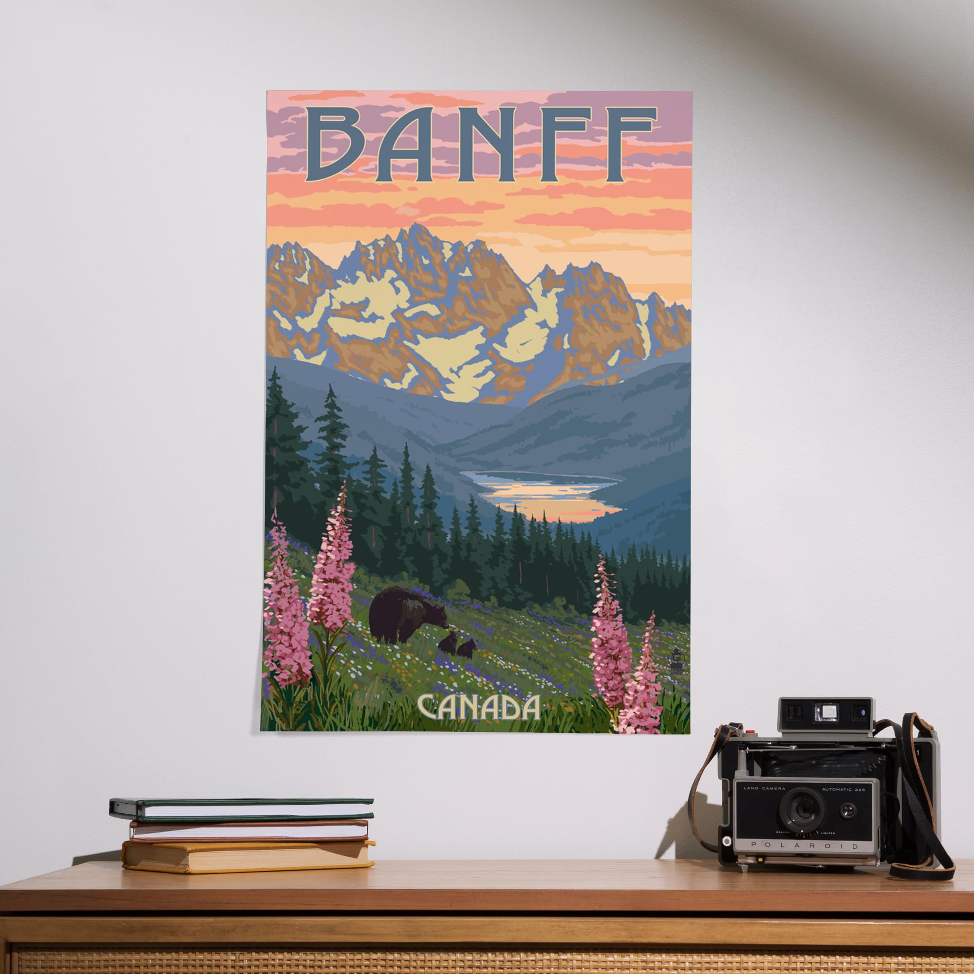 Lantern Press 16x24 Inch Giclee Print - Banff Canada Landscape with Bear & Spring Flowers Wall Art - Perfect for Living Room, Bedroom & Office Decor