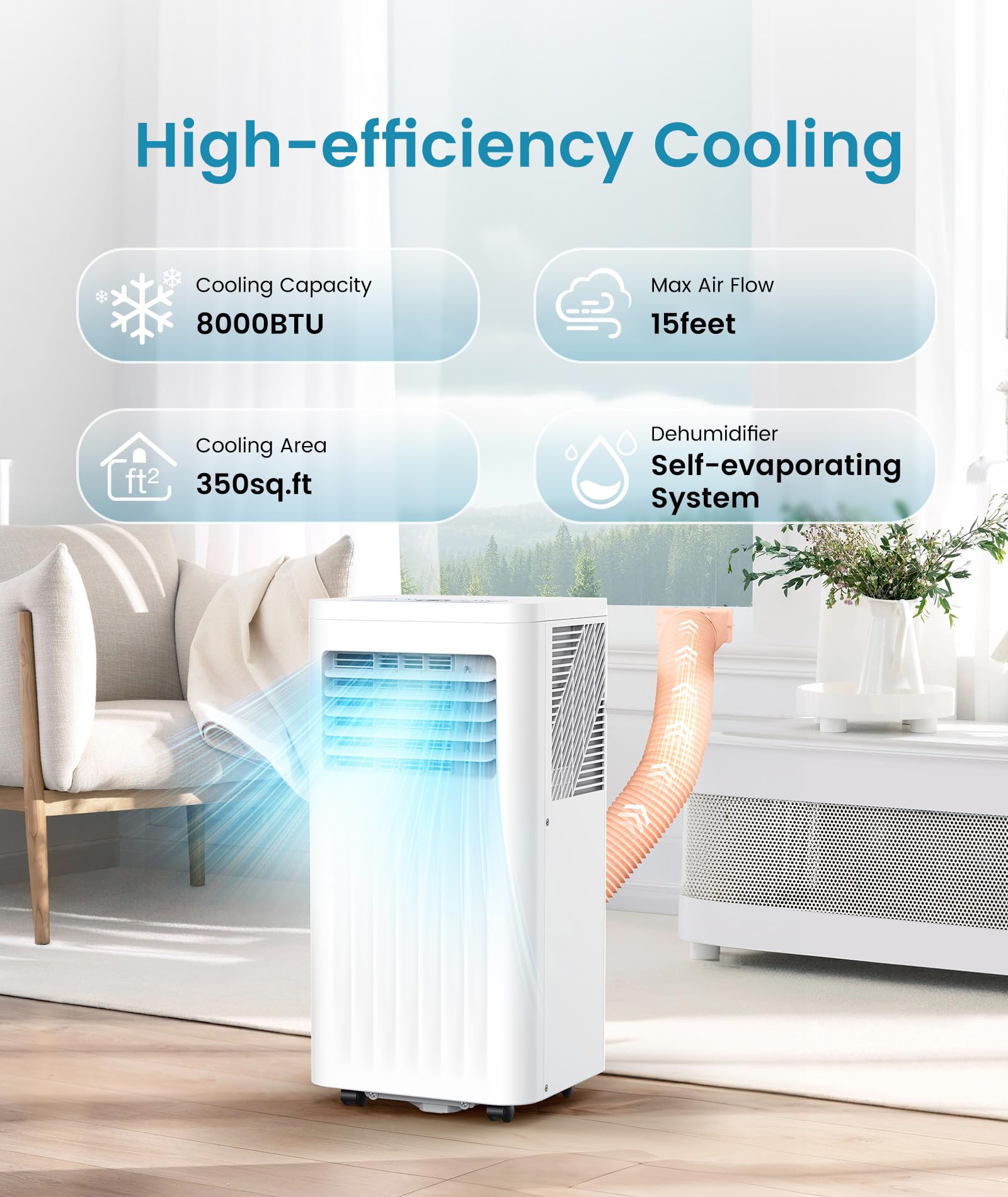 Joy Pebble 8000 BTU Portable Air Conditioner - Cooling, Fan & Dehumidifier for Rooms Up to 350 Sq.Ft | Ultra Quiet ≤55dB with Sleep Mode, 24H Timer, Digital Display & Remote Control | Perfect for Bedrooms, Home Offices & Small Apartments