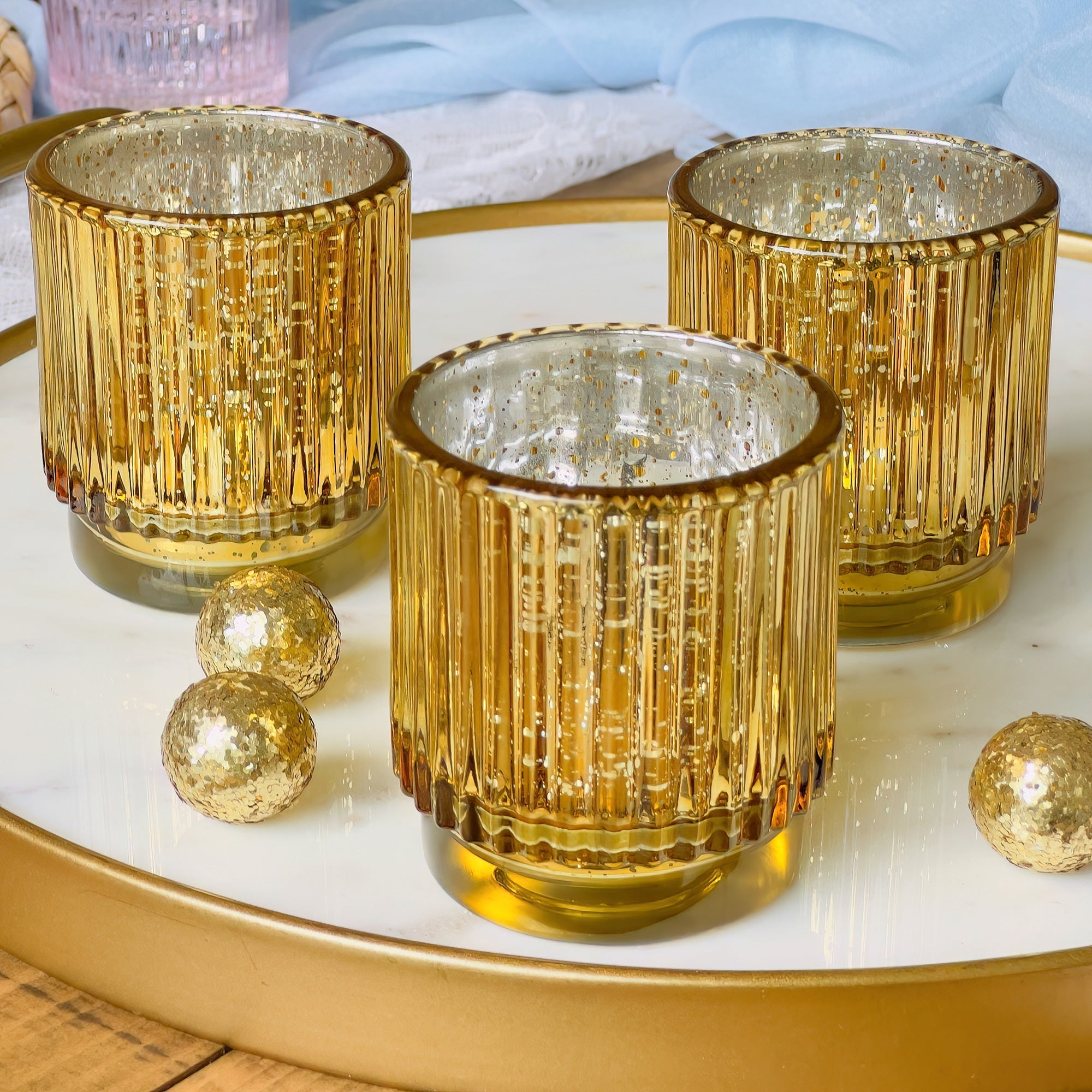 Elegant Ribbed Gold Glass Votive Candle Holders - Set of 6 for Wedding Centerpieces, Romantic Dinner Decor & Holiday Table Settings