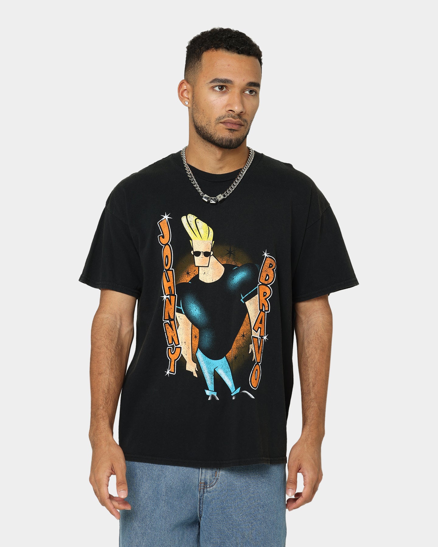 Johnny Bravo Vintage T-Shirt for Men - Retro Black Wash Graphic Tee - Perfect for Casual Wear, Cosplay, and 90s Nostalgia Fans