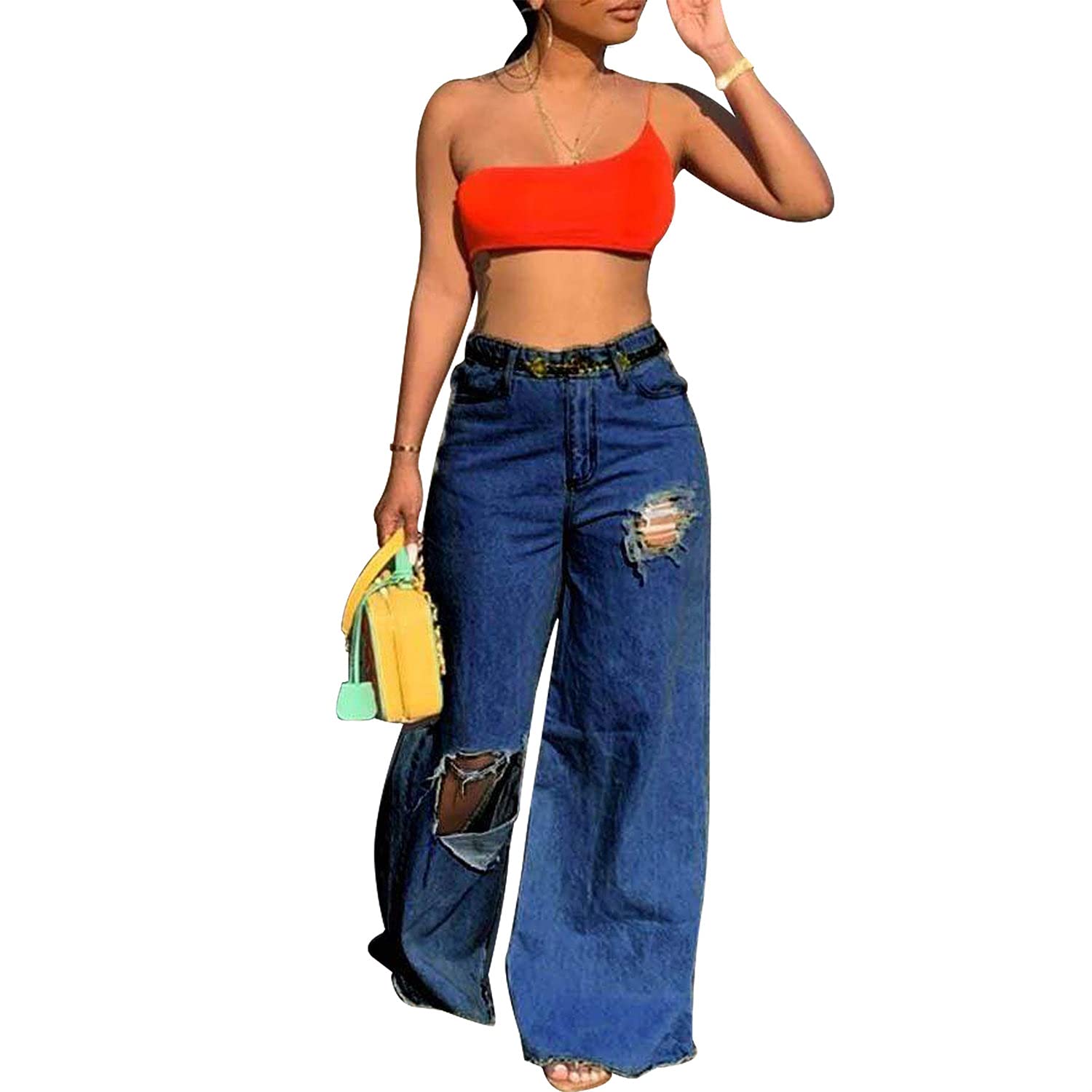 Kaxiya 2021 Women's High Waist Loose Ripped Jeans - Destroyed Wide Leg Denim Pants with Pockets for Casual Streetwear | Perfect for Everyday Wear, Parties and Fashion Outfits