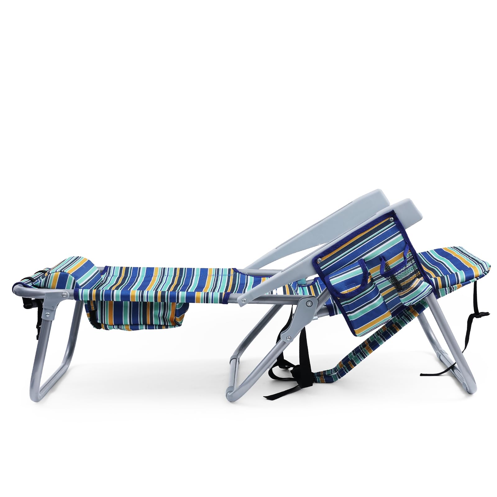 **Heavy Duty Folding Beach Chair for Adults - 4 Position Adjustable Backpack Beach Chair with Large Cooler Pouch, Supports 350LBS (Stripes Blue, Cyan & Yellow) - Perfect for Beach, Camping, Picnics & Outdoor Relaxation**