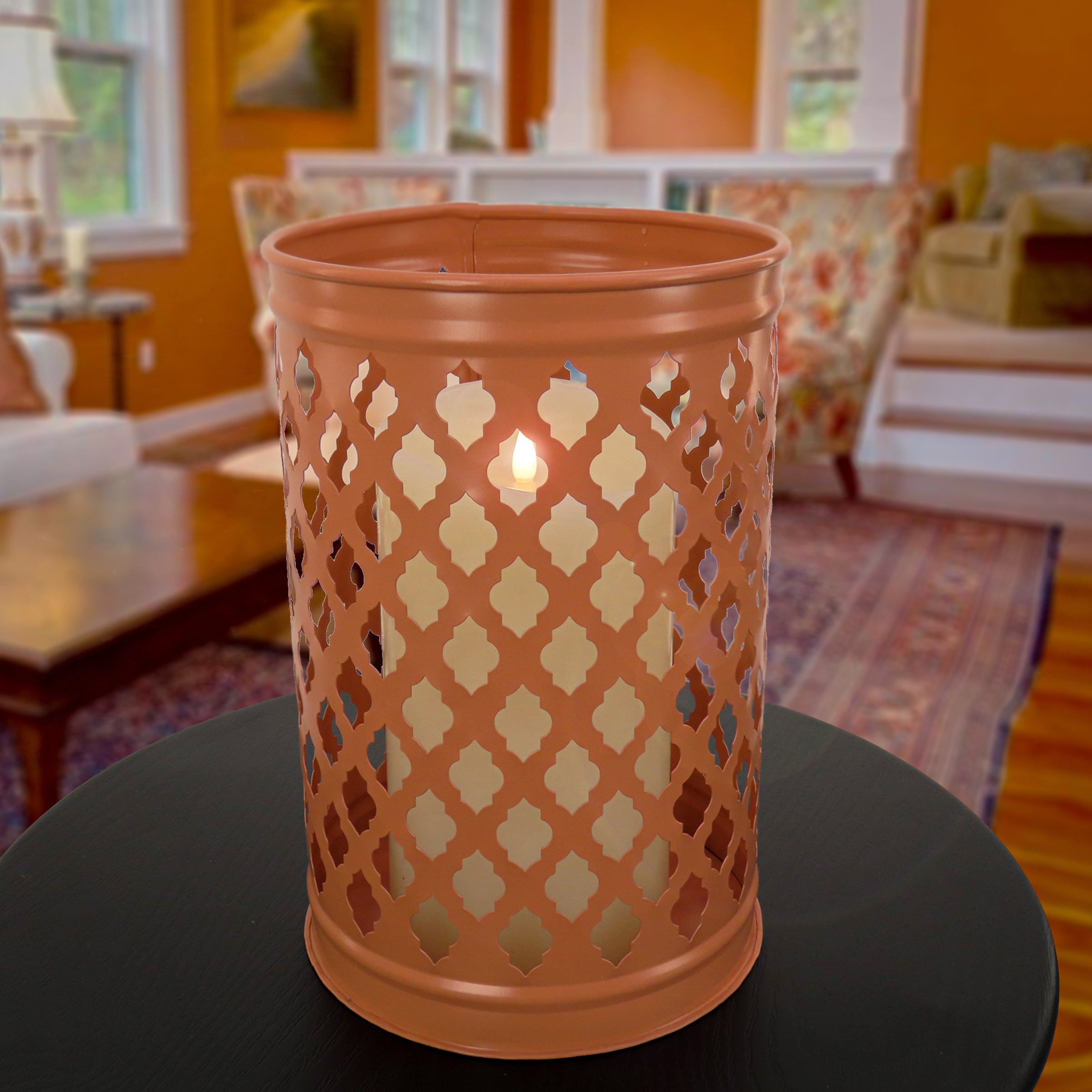 12 Inch Modern Outdoor Lantern Candle Holder - Pastel Orange Finish for Patio, Garden, and Porch Decor