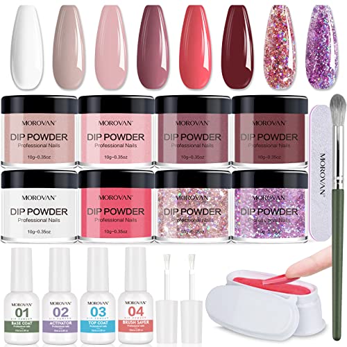 Morovan Dip Powder Nail Kit - 8 Colors Starter Set with Base, Top Coat, Activator & Brush for DIY French Manicure | Professional Salon-Quality Nail Art at Home | Perfect for Parties, Weddings & Everyday Wear
