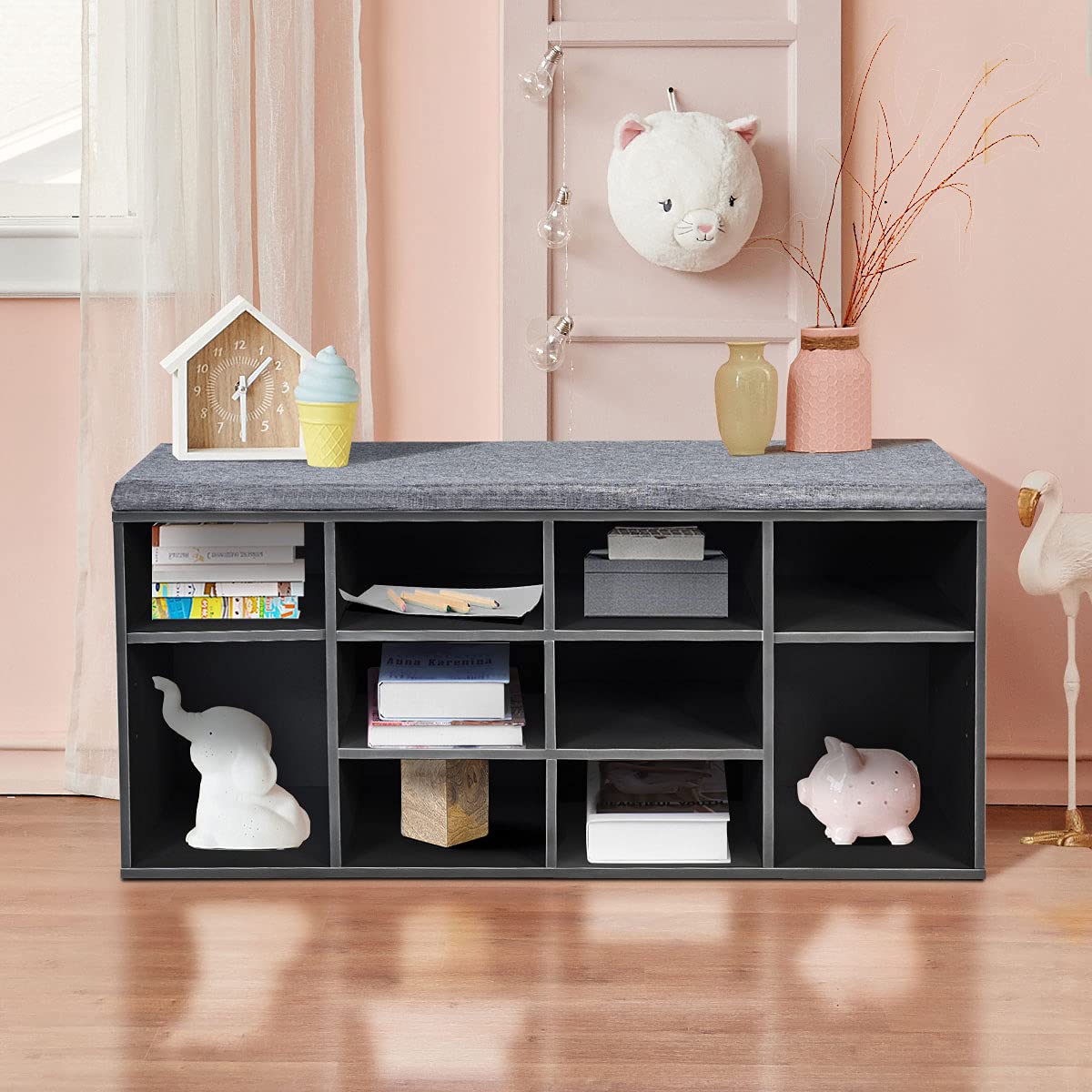 Giantex Shoe Storage Bench with Cushion - 10-Cubbies Adjustable Entryway Shoe Rack Organizer for Living Room, Bedroom, Hallway & Closet | Perfect for Small Spaces & Home Organization (Grey)