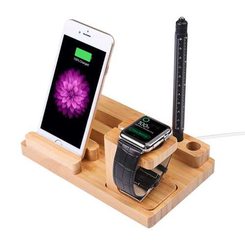 Bamboo Wooden Charging Stand for Apple Watch & iPhone 6S Plus - Multi-Device Desktop Organizer with Pen Holder | Perfect for Office, Home Desk & Nightstand Charging Station