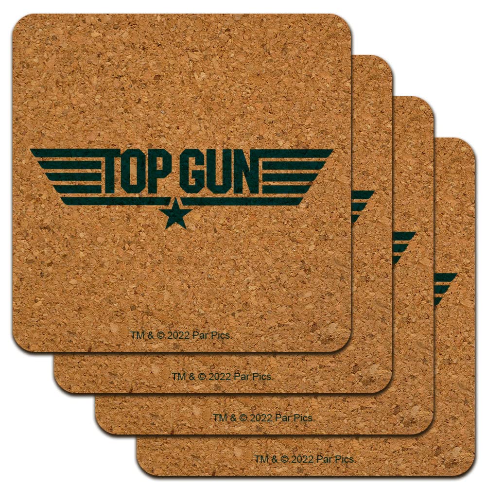 Top Gun Movie Logo Low Profile Cork Coaster Set - 4 Pack Absorbent Drink Coasters for Beer, Wine & Coffee - Perfect for Home Bar, Office Desk & Man Cave Decor