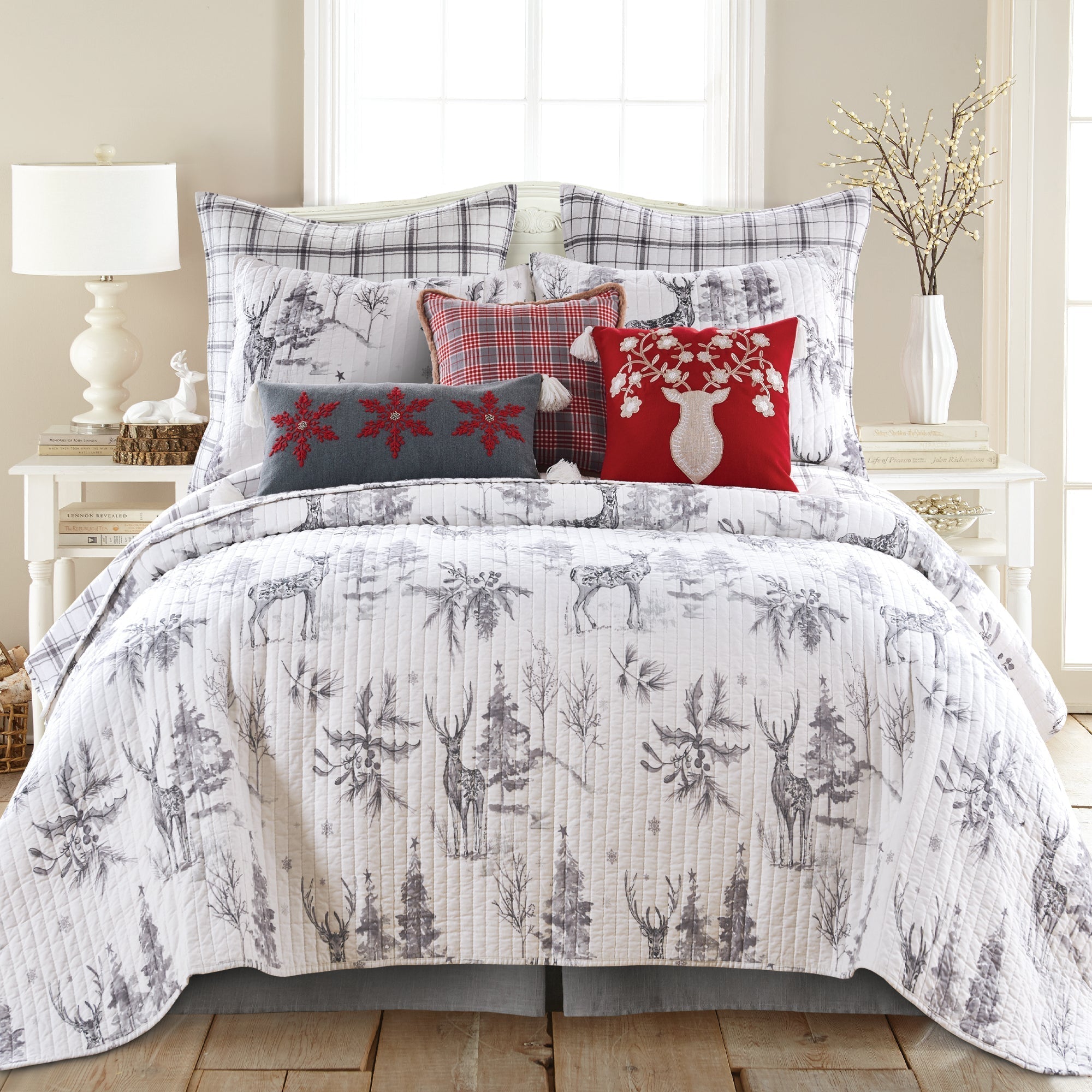 Grey Quilted Sleigh Bells Throw Blanket - Soft Cozy Winter Bedding for Couch, Sofa & Home Decor
