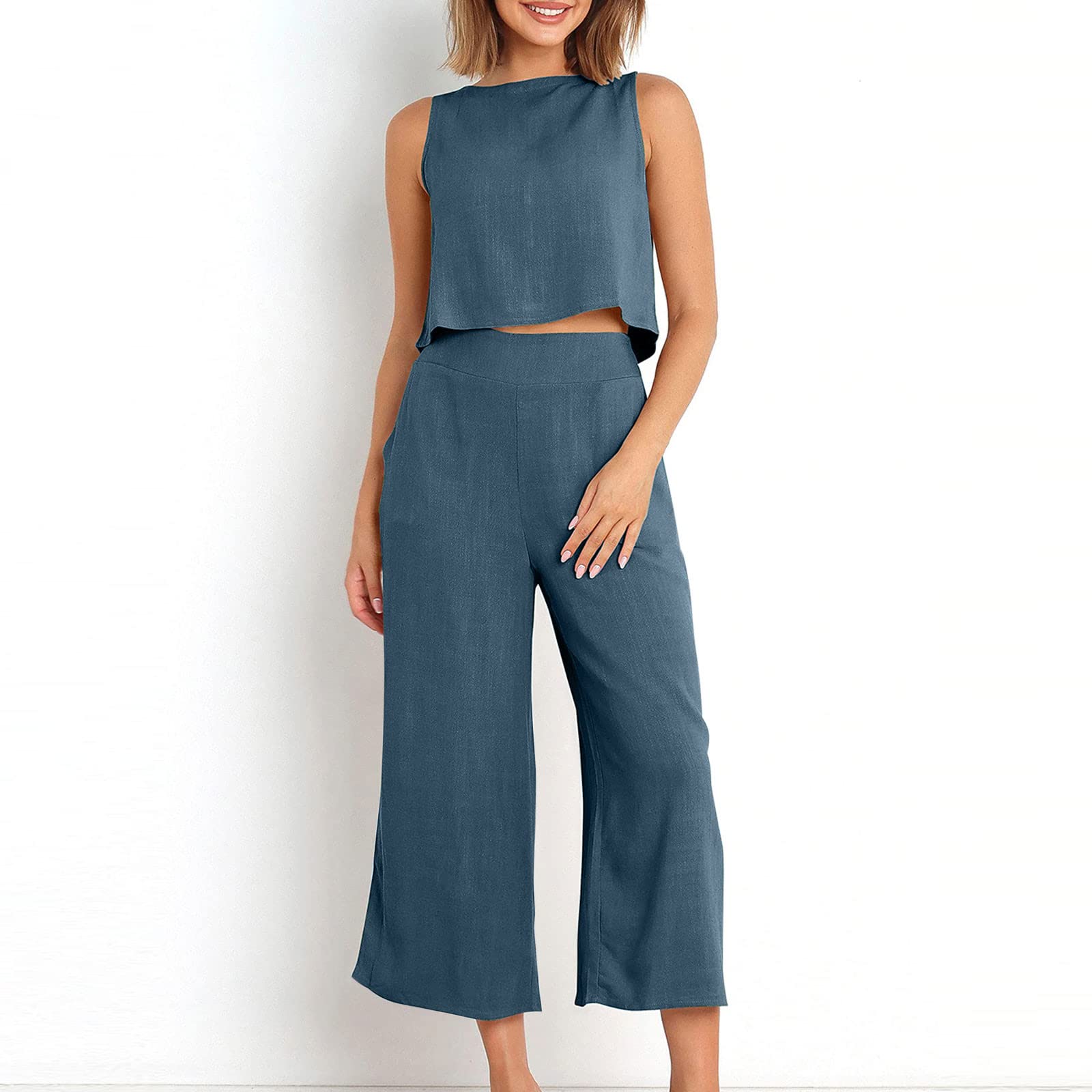 Women's 2-Piece Summer Outfit Set - Linen Crop Top & High Waist Wide Leg Capri Pants | Lounge Wear, Casual Chic, Beach Vacation, Street Style Fashion