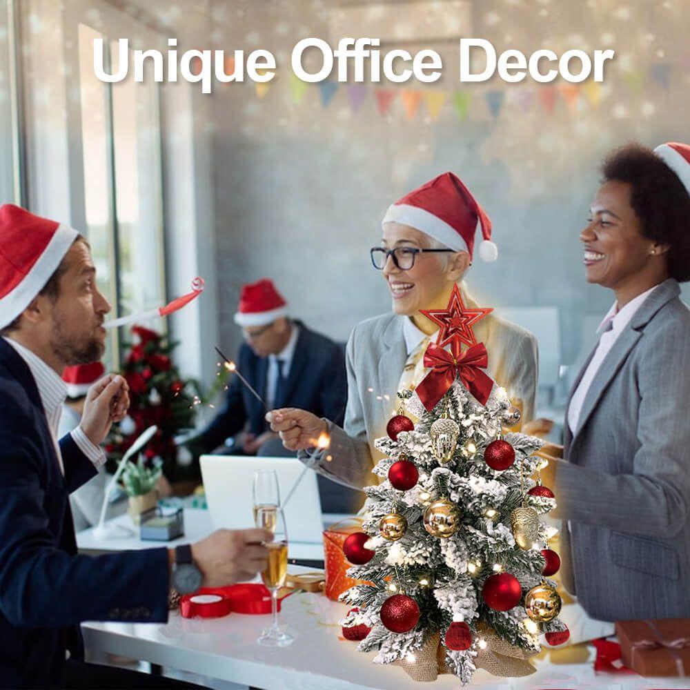 22in Flocked Snow Artificial Christmas Tree with LED Lights - Mini Red Tabletop Xmas Decor for Home, Office, Party & Holiday Decoration