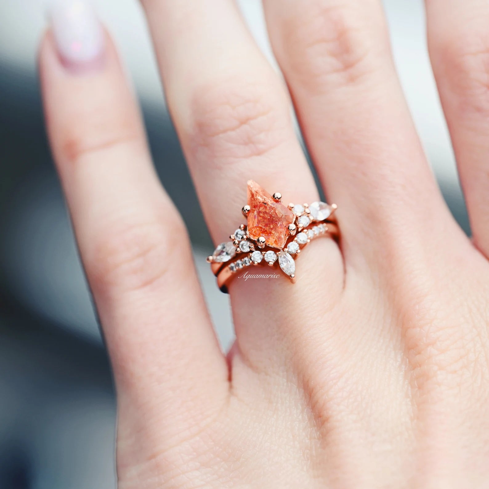 Skye Kite™ Natural Sunstone Ring Set - 14K Rose Gold Vermeil Jewelry for Women | Elegant Stackable Rings for Everyday Wear, Gift for Her, Wedding, Anniversary & Special Occasions