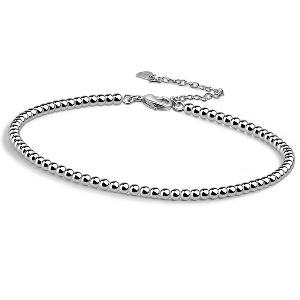 925 Sterling Silver 3MM Ball Bead Chain Anklet Bracelet for Women - Adjustable Dainty Ankle Jewelry - Perfect for Beach, Summer Outfits & Everyday Wear