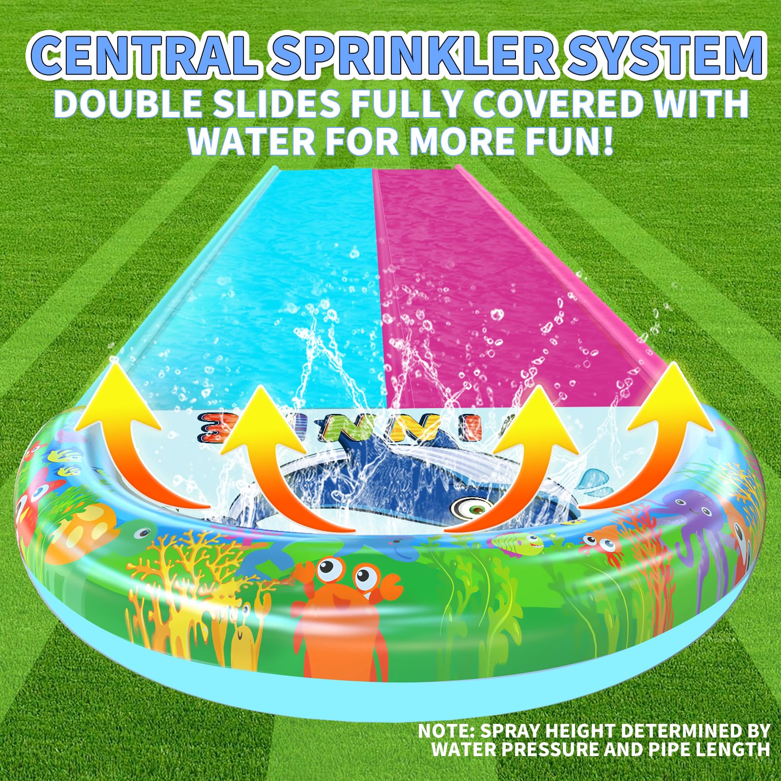 33FT x 6FT Extra Long Double Lane Inflatable Water Slide for Kids & Adults - Heavy Duty Backyard Water Park with Sprinkler System, 2 Inflatable Bodyboards & Safety Crash Pad - Perfect for Summer Parties, Family Gatherings & Outdoor Water Play Activities