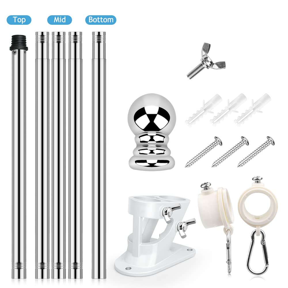 6ft Stainless Steel Wall Mounted Flag Pole Kit with Bracket & Rings - Outdoor Residential/Commercial Use for House, Yard, Garden | Perfect for Patriotic Displays, Sports Events & Business Branding (Silver)