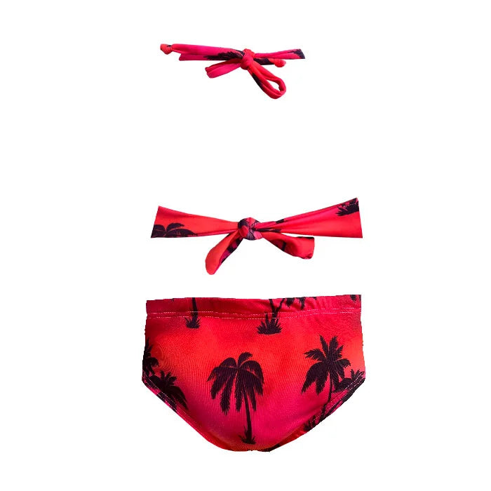 Red Tie Dye Coconut Trees Girls Two Piece Swim Set - Trendy Tropical Bikini for Beach Vacations & Pool Parties