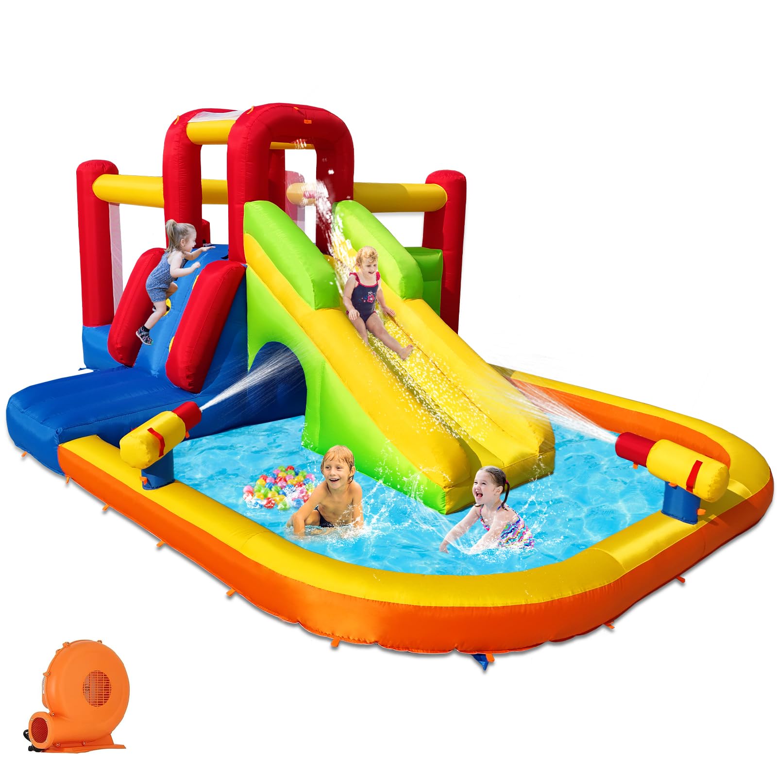 **Inflatable Bounce House with Water Slide for Kids - Double Cannon, Splash Pool, 2 Climbing Walls & Obstacles - Blow Up Jumping Castle with Blower - Perfect for Backyard Parties, Summer Fun & Outdoor Play**