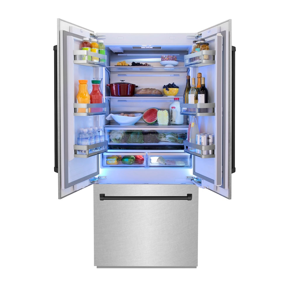ZLINE Autograph Edition 36 Inch French Door Built-In Refrigerator with Bottom Freezer - 19.6 cu.ft Capacity, Water Dispenser & Ice Maker - Satin Stainless Steel with Matte Black Accents (RBIVZ SN 36 MB) - Perfect for Modern Kitchens and Open-Concept Homes