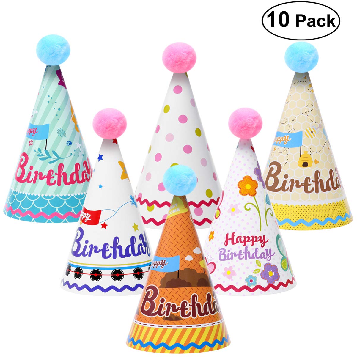 Kisangel 10-Pack Colorful Birthday Party Hats for Adults & Kids - Cone Shaped Paper Hats for Cake Toppers, Birthday Celebrations, Themed Parties & Festive Events