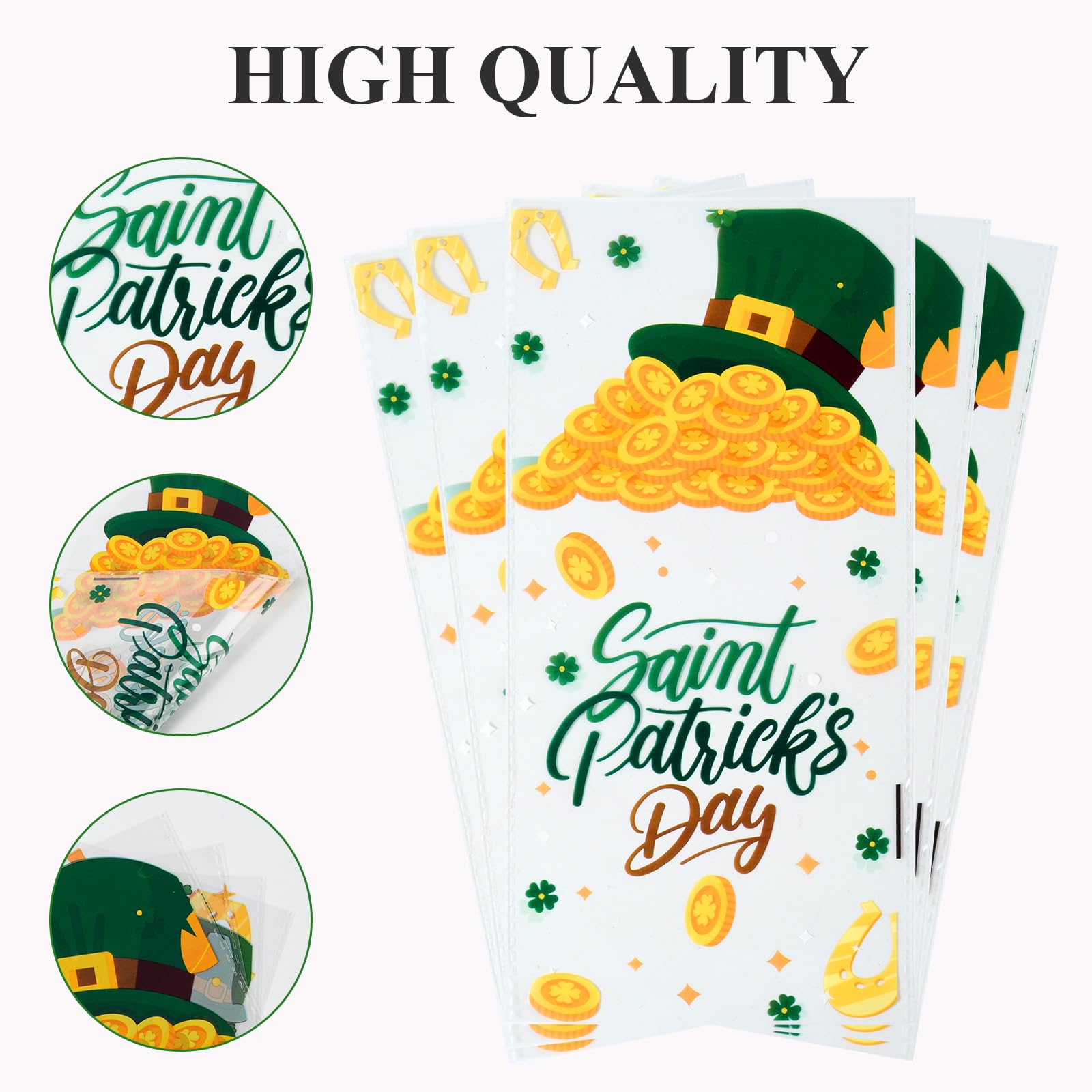 50 Pcs St. Patrick's Day Green Cellophane Treat Bags 5x10.5 Inches - Shamrock Printed Irish Party Favor Bags with Twist Ties for Candy, Cookies & Small Gifts - Perfect for St. Patrick's Day Celebrations, Classroom Treats & Holiday Party Favors
