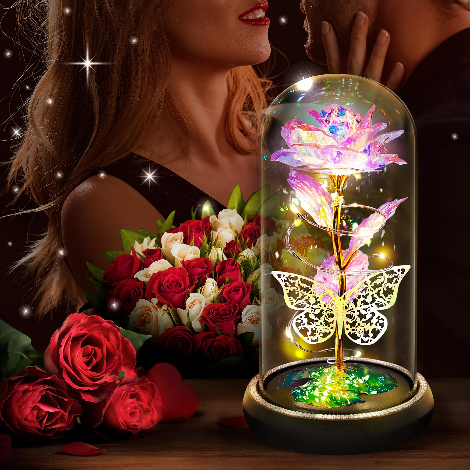GMAOPHY Light Up Butterfly Preserved Rose in Glass Dome - Romantic Birthday Gift for Women, Wife, Girlfriend, Mom, Grandma | Unique Floral Keepsake for Anniversaries, Valentine's Day & Special Occasions