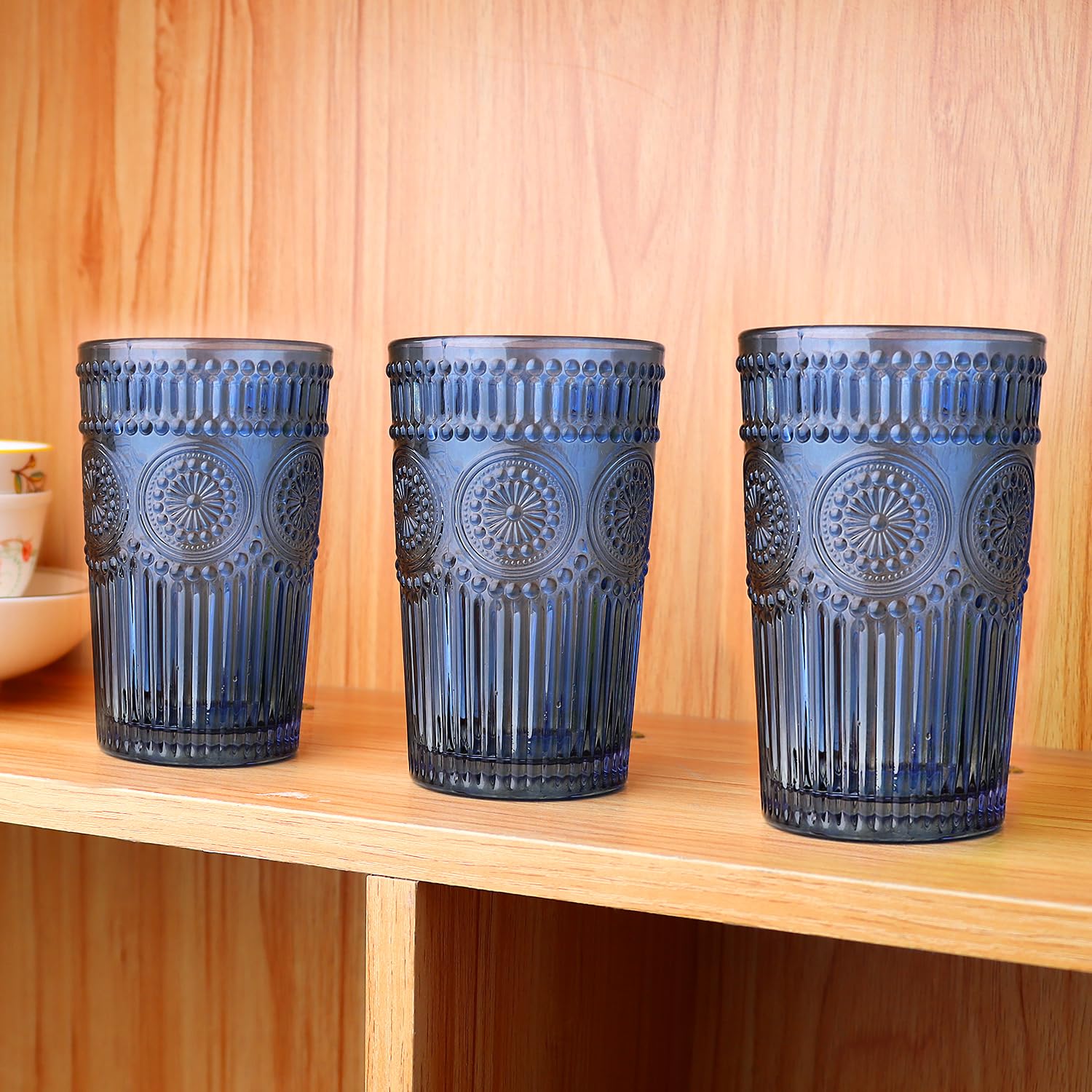 Vintage Drinking Glasses Set of 6 - 12 oz Blue Highball Glasses with Embossed Ribbed Design - Perfect for Cocktails, Water, Juice, Coffee & Whiskey - Ideal for Home Bars, Parties & Gifts