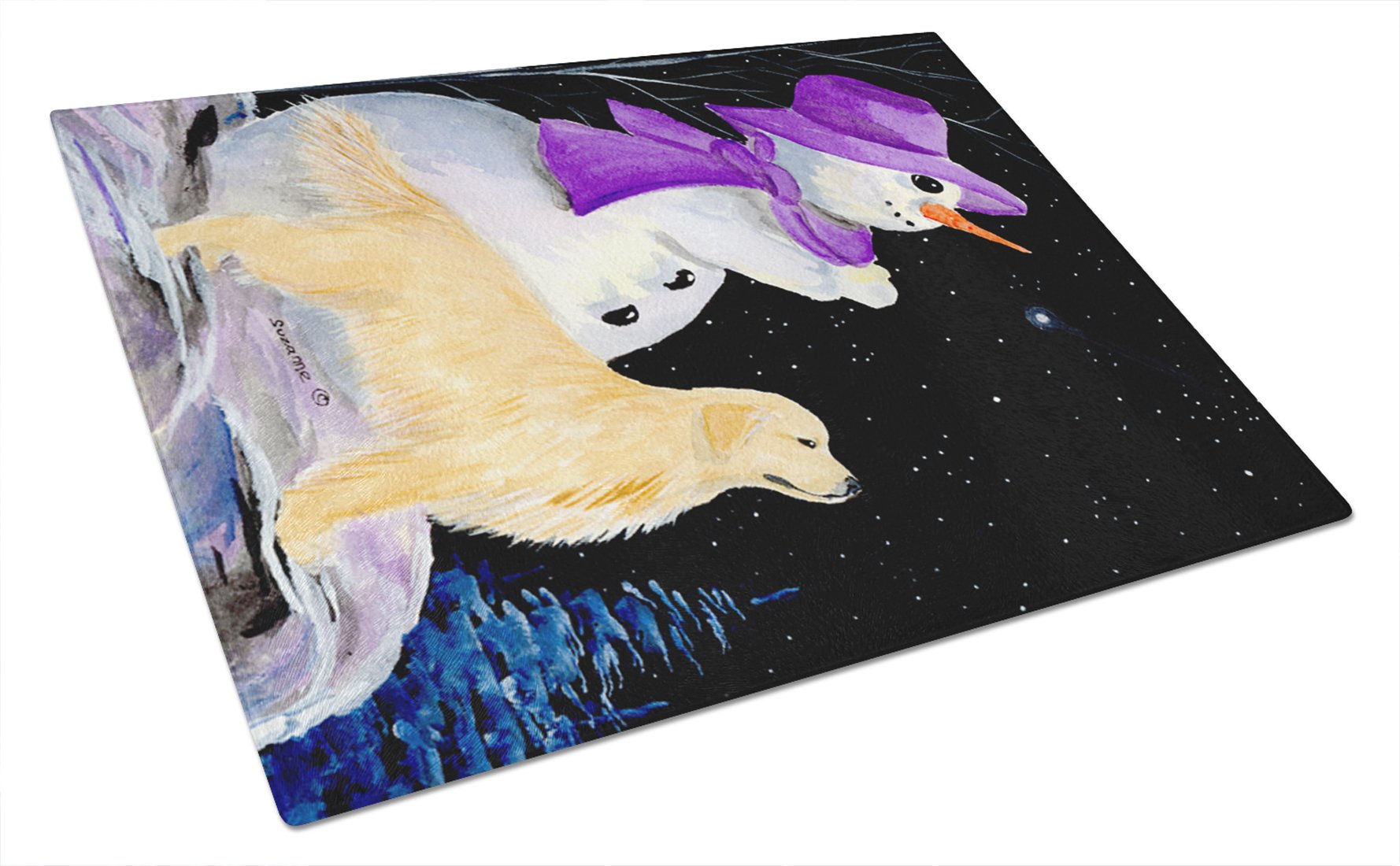 Snowman with Golden Retriever Tempered Glass Cutting Board - Large Decorative Kitchen Chopping & Serving Board - Perfect for Holiday Entertaining & Food Presentation