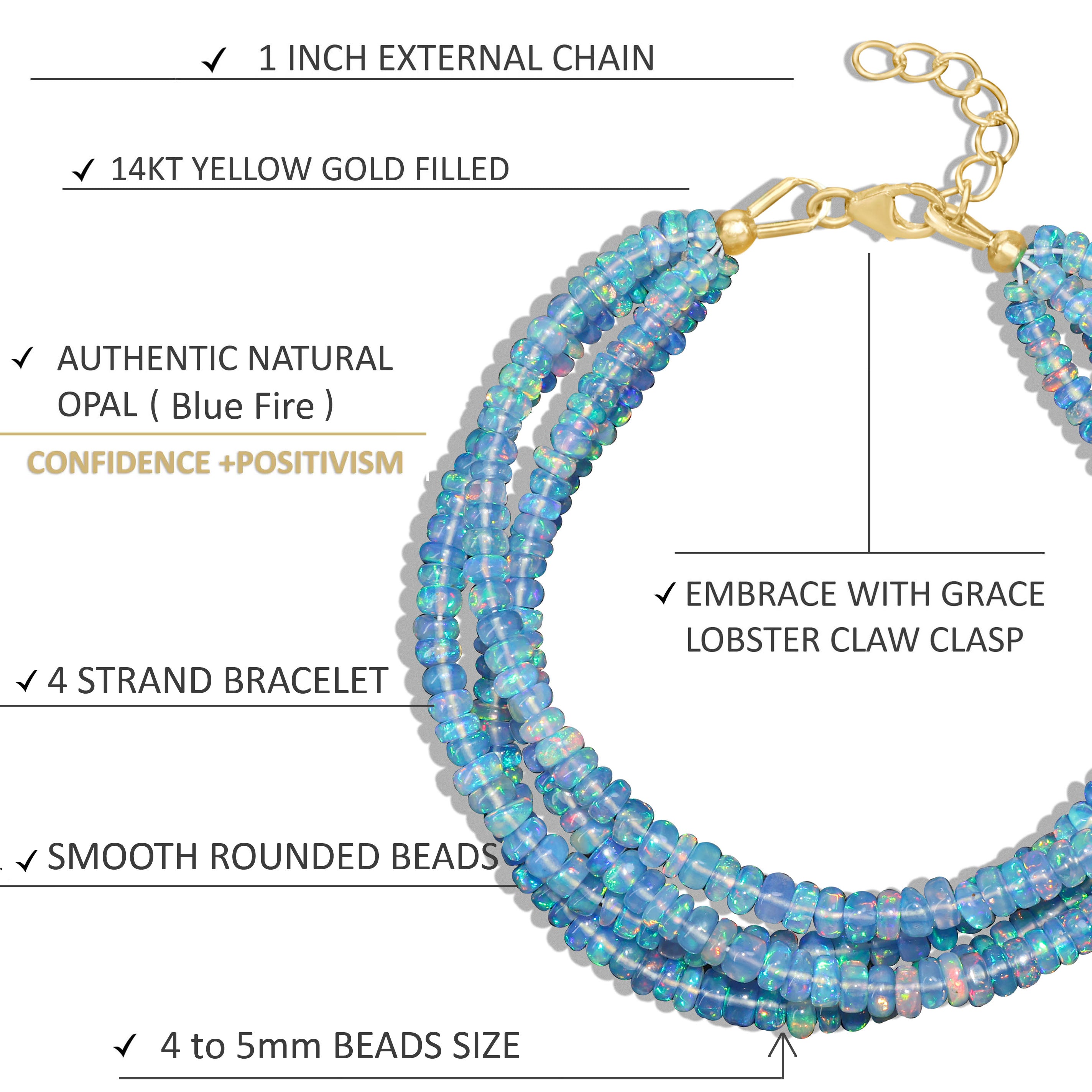 Natural Blue Opal 4 Strand Plain Beaded Bracelet for Women - Boho Chic Handmade Jewelry for Everyday Wear & Special Occasions