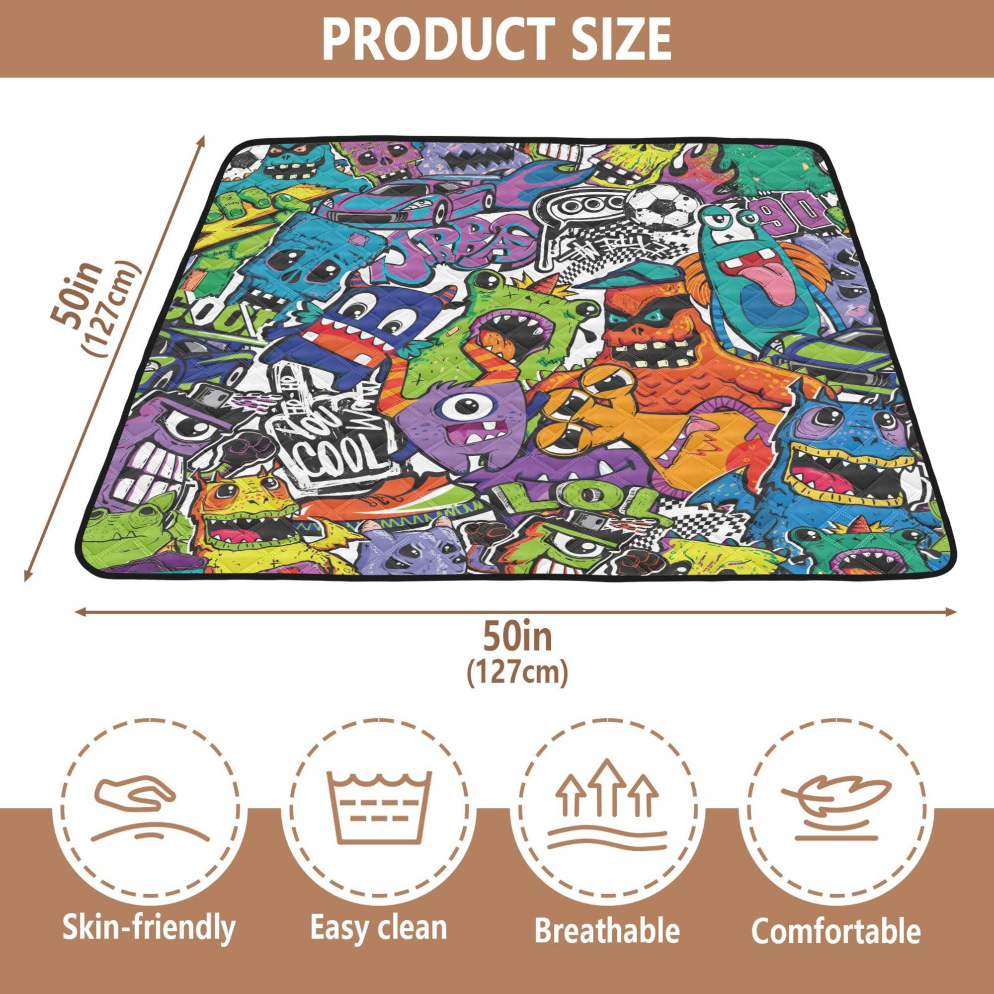 Large 50'' x 50'' Waterproof Baby Play Mat with Funny Monster Design - Non-Slip Crawling Mat for Infants & Toddlers - Indoor/Outdoor Use for Playtime, Tummy Time & Nursery Floor Protection