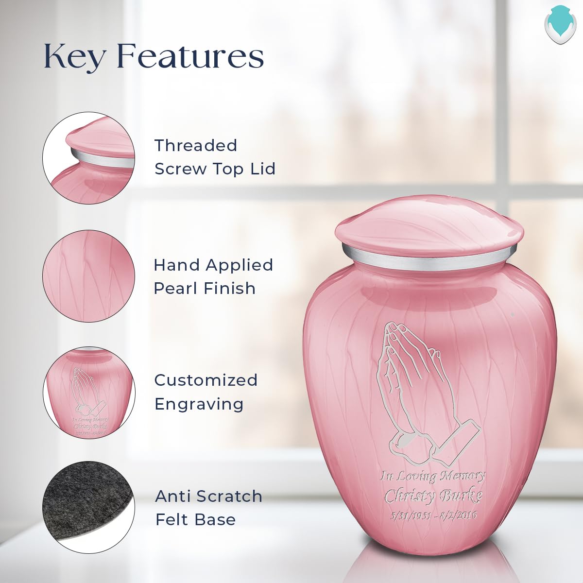 Personalized Praying Hands Cremation Urn for Adults - Large Pearl Light Pink Funeral Urn for Ashes (Holds 200 lbs) | Memorial Keepsake for Loved Ones | Perfect for Home Display, Funeral Services & Memorial Ceremonies