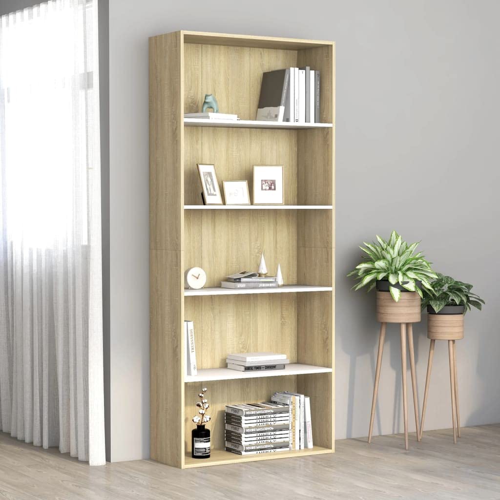 5-Tier Bookcase & Storage Cabinet - White & Sonoma Oak 31.5