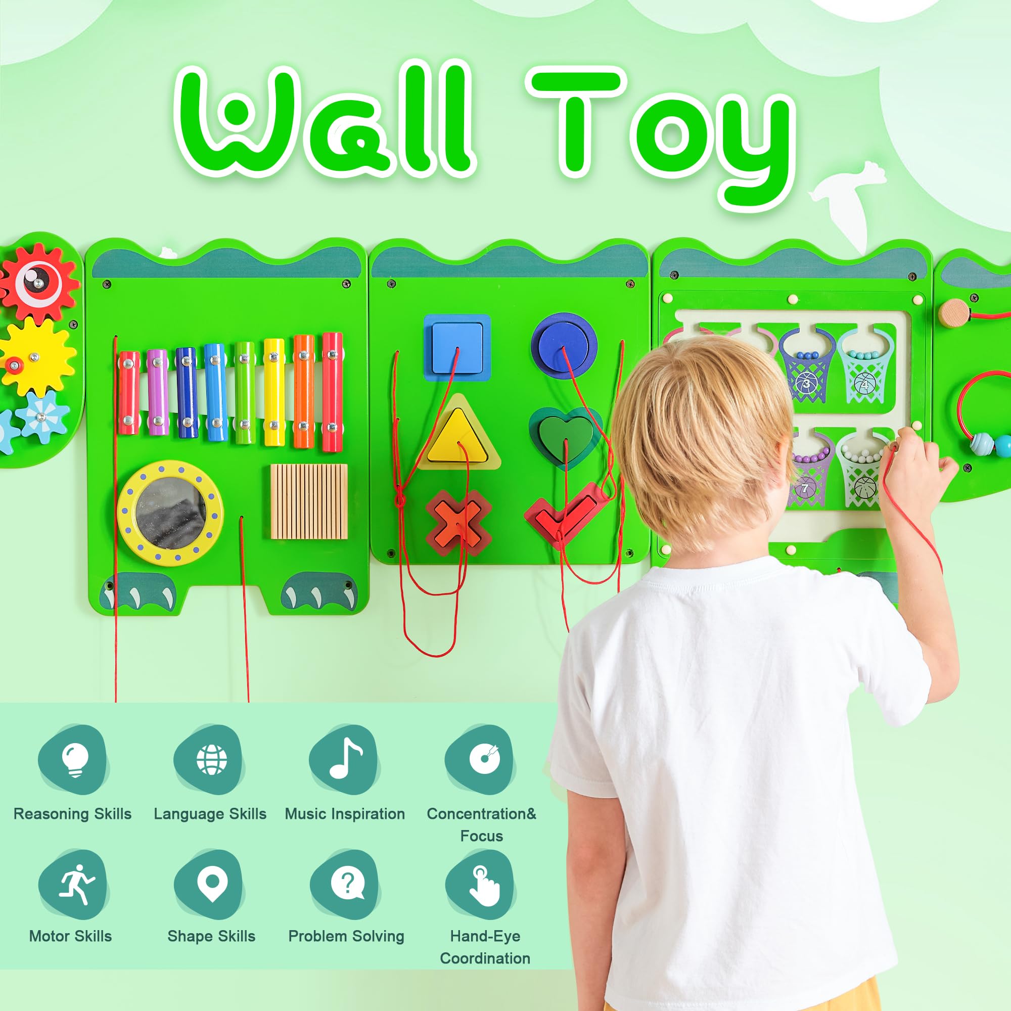 **Crocodile Sensory Toys Activity Wall Panels - Montessori Busy Board for Toddlers 18+ Months, Wooden Learning & Interactive Toys for Fine Motor Skills - Sensory Wall & Activity Cube for Daycare, Preschool, Home Play (Green)**