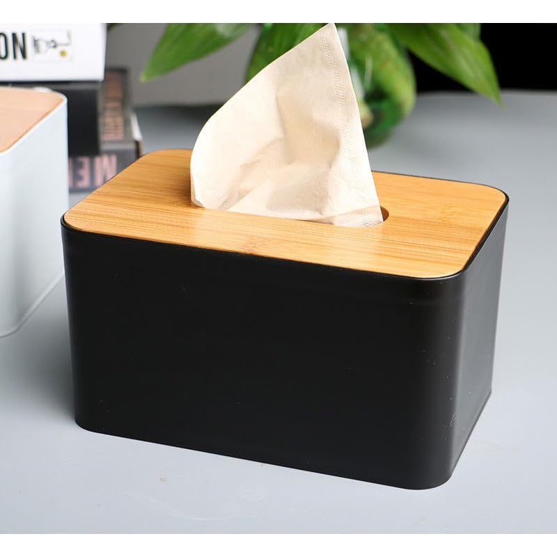 Modern Black Tissue Box with Removable Bamboo/Wood Cover - Home Storage Organizer for Living Room, Bedroom, Office & Bathroom | Stylish and Functional Home Decor