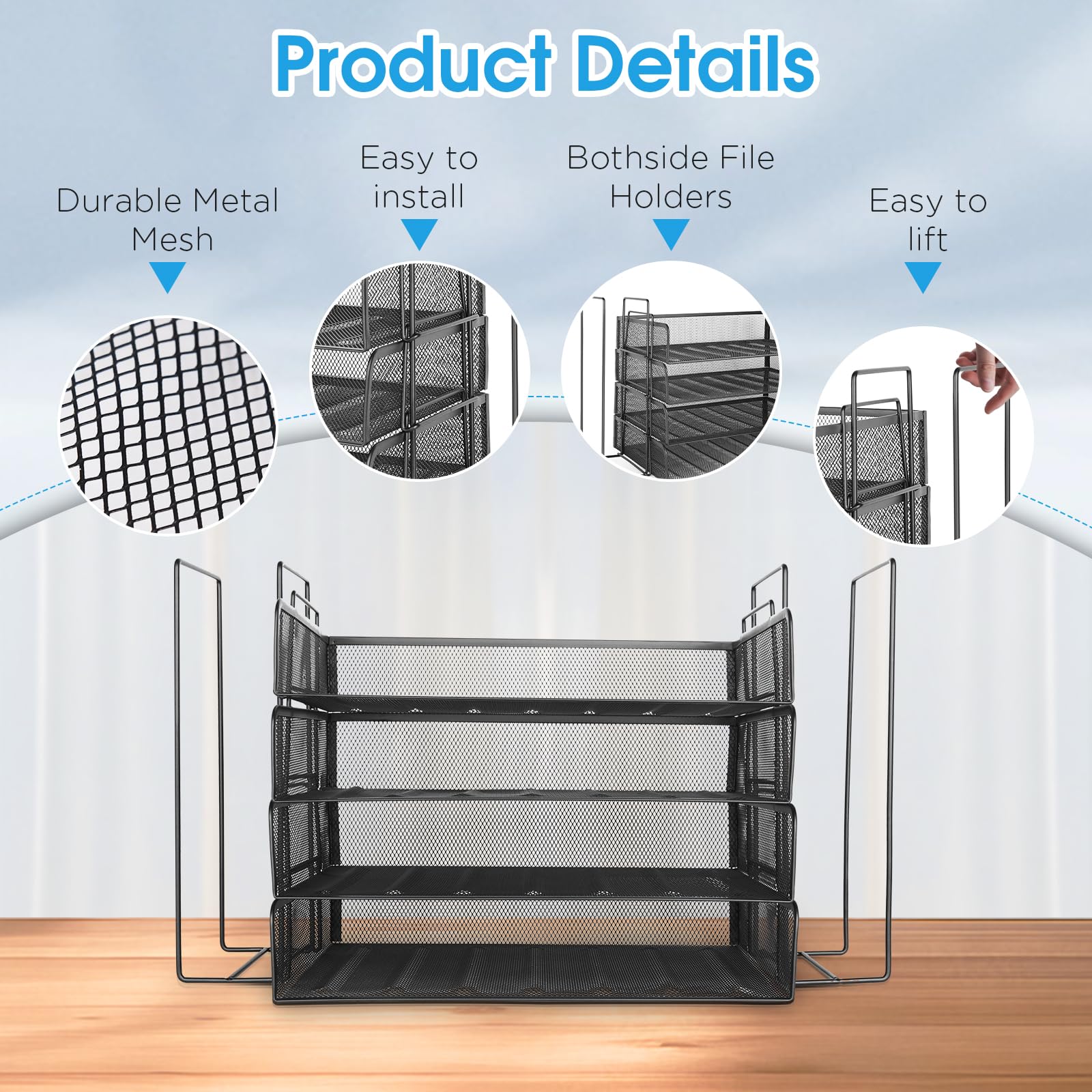 Stackable 4-Tier Mesh Paper Letter Tray Organizer - Black Desk File Holder for Office Supplies | Perfect for Office, Home, or School Organization and Document Storage