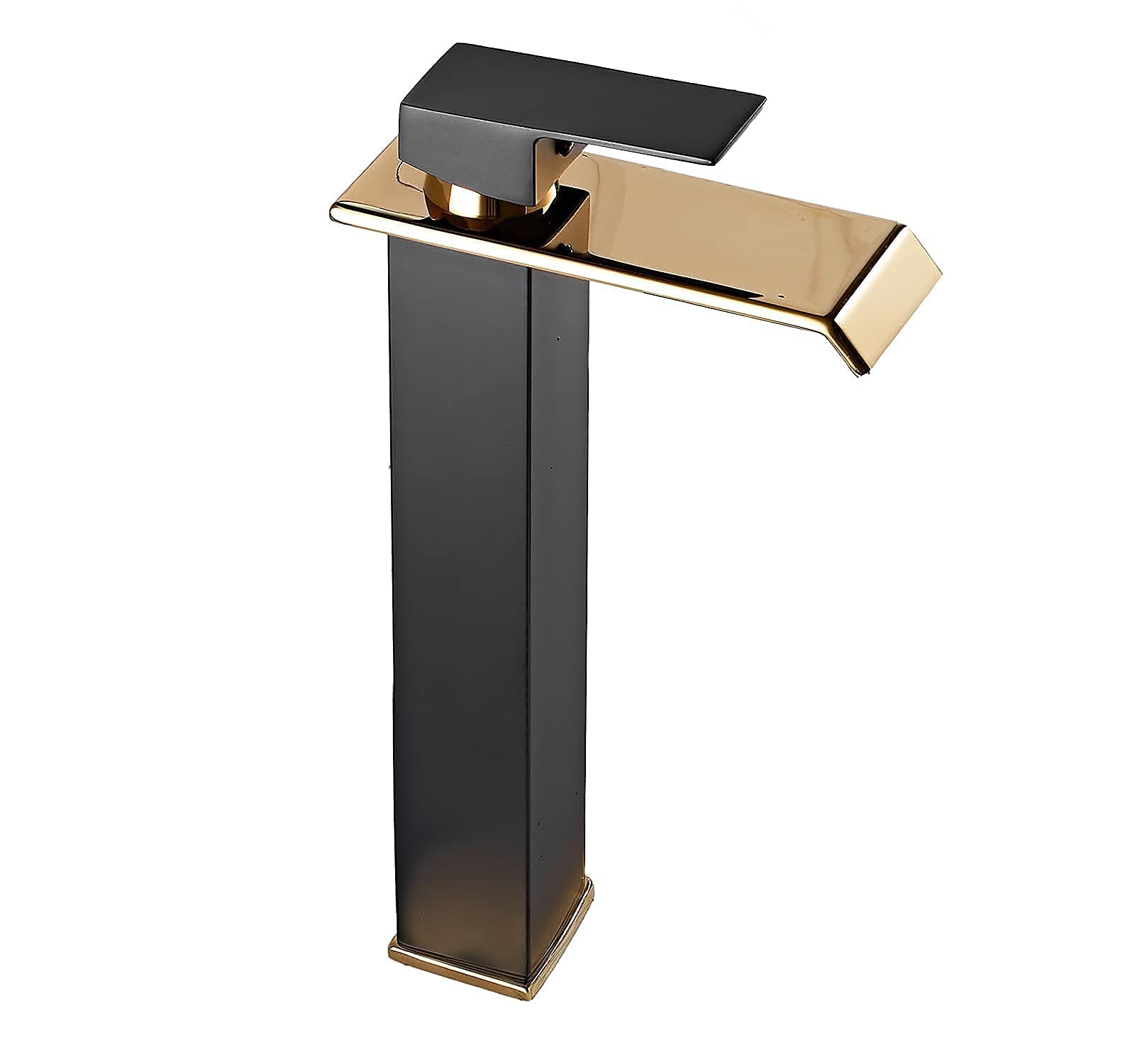 Black Gold Waterfall Single Handle One Hole Vessel Sink Faucet with Golden Drain Assembly - No Overflow - Tall Bowl Bathroom Faucet for Modern & Luxury Vanity Sinks