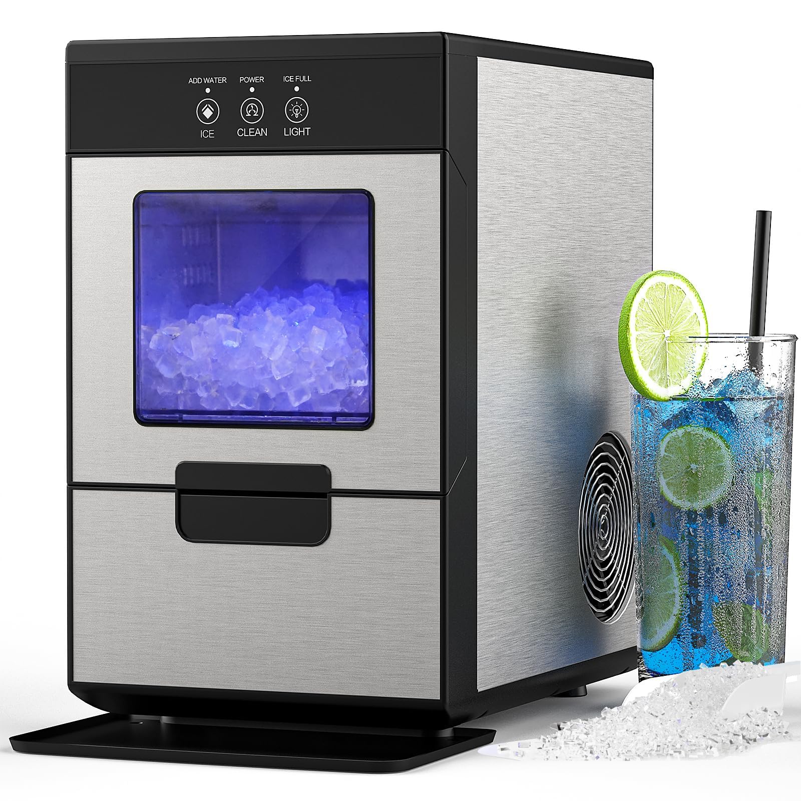 44Lbs Countertop Nugget Ice Maker - Stainless Steel Pebble Ice Machine with Ice Scoop & Removable Basket | Perfect for Home, Office, Parties & Cocktails