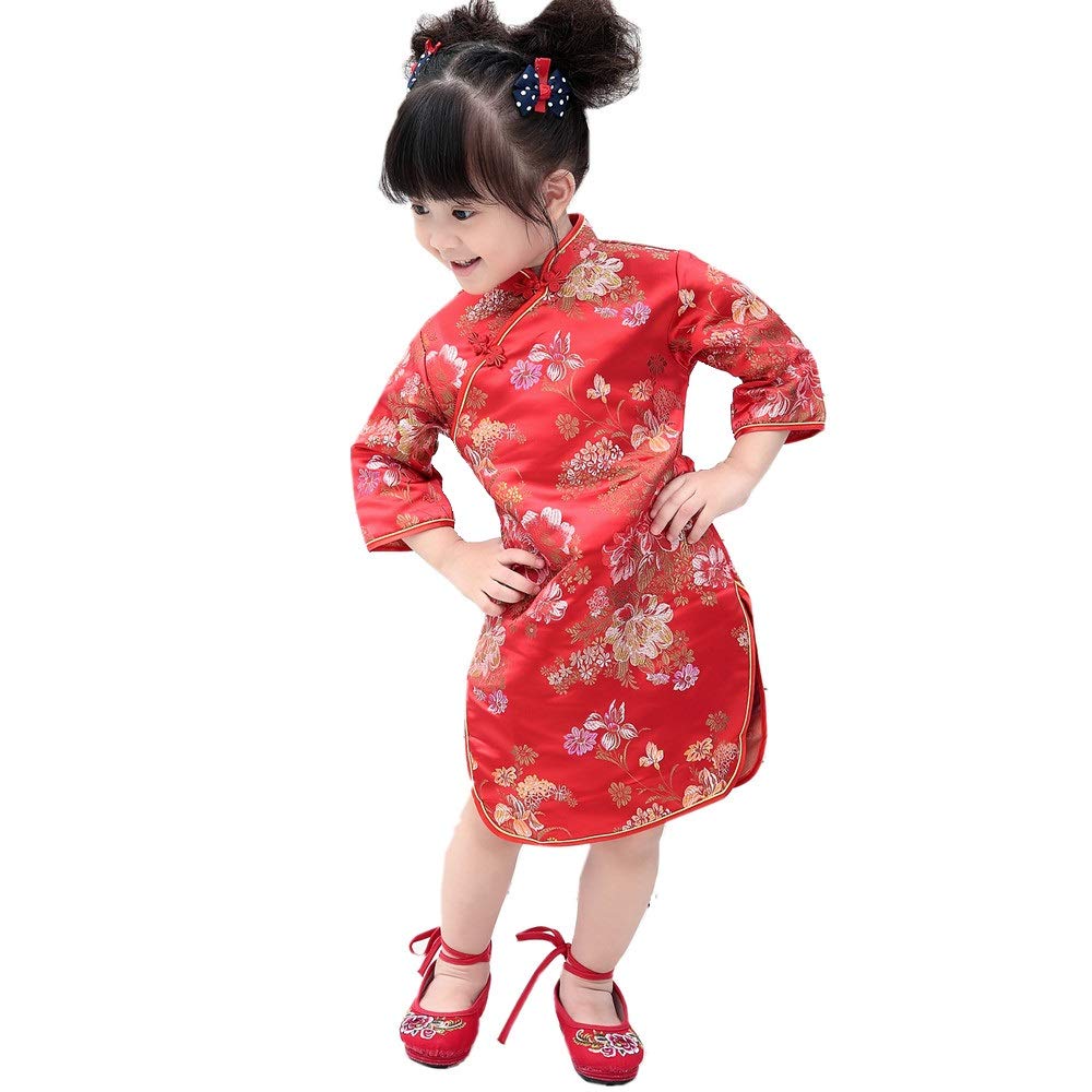 Elegant Peony Rose Qipao Cheongsam Dress - Half Sleeve Chinese Traditional Wedding Dress for Girls, Princess Birthday Party Costume | Perfect for Weddings, Tea Ceremonies, Cultural Events & Special Occasions